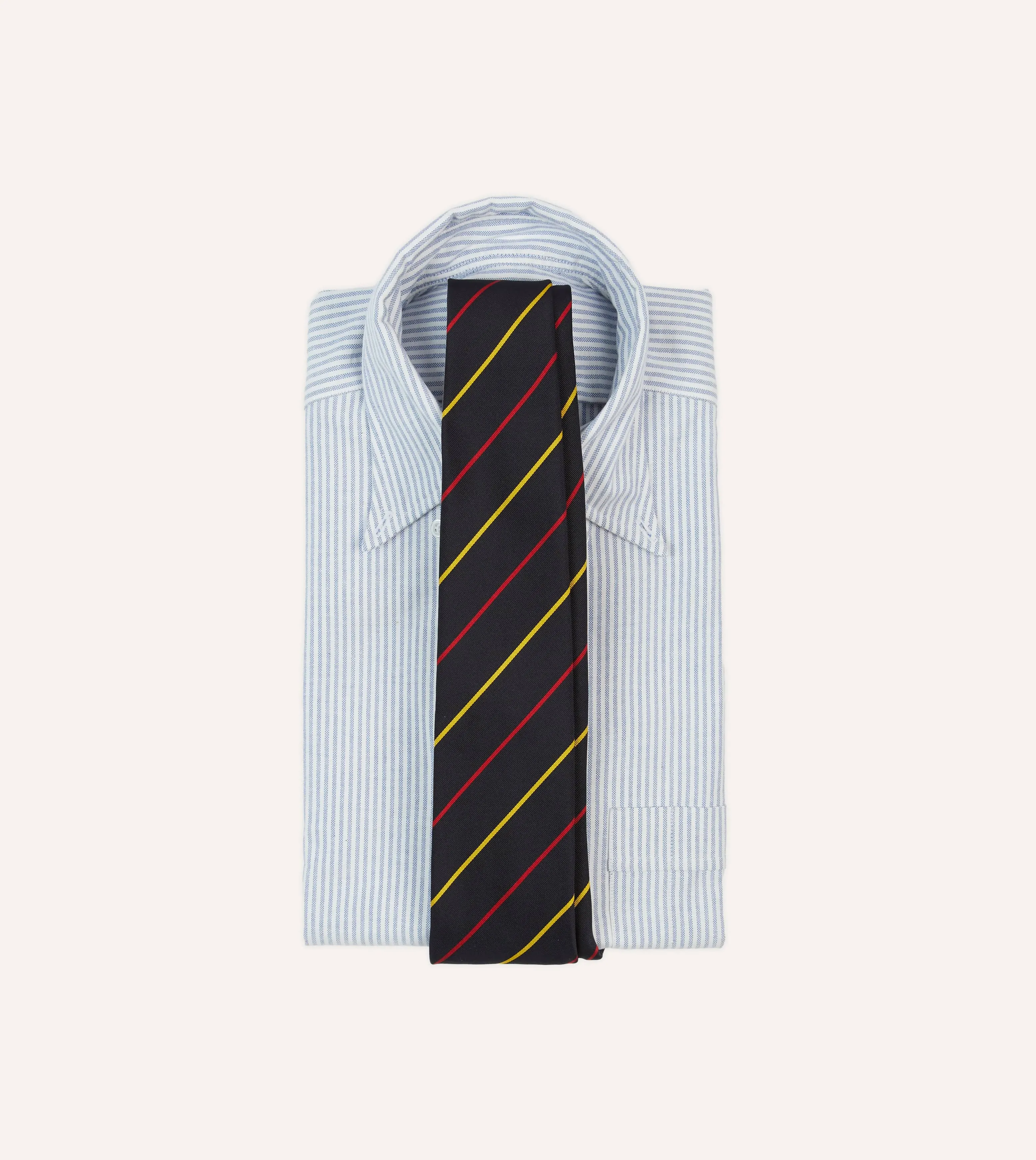 Navy, Red and Yellow Fine Stripe Mogador Silk Tipped Tie sold by Drake's London product image thumbnail 2