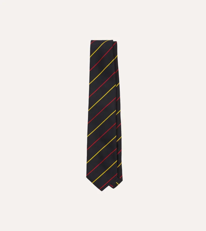 Navy, Red and Yellow Fine Stripe Mogador Silk Tipped Tie sold by Drake's London