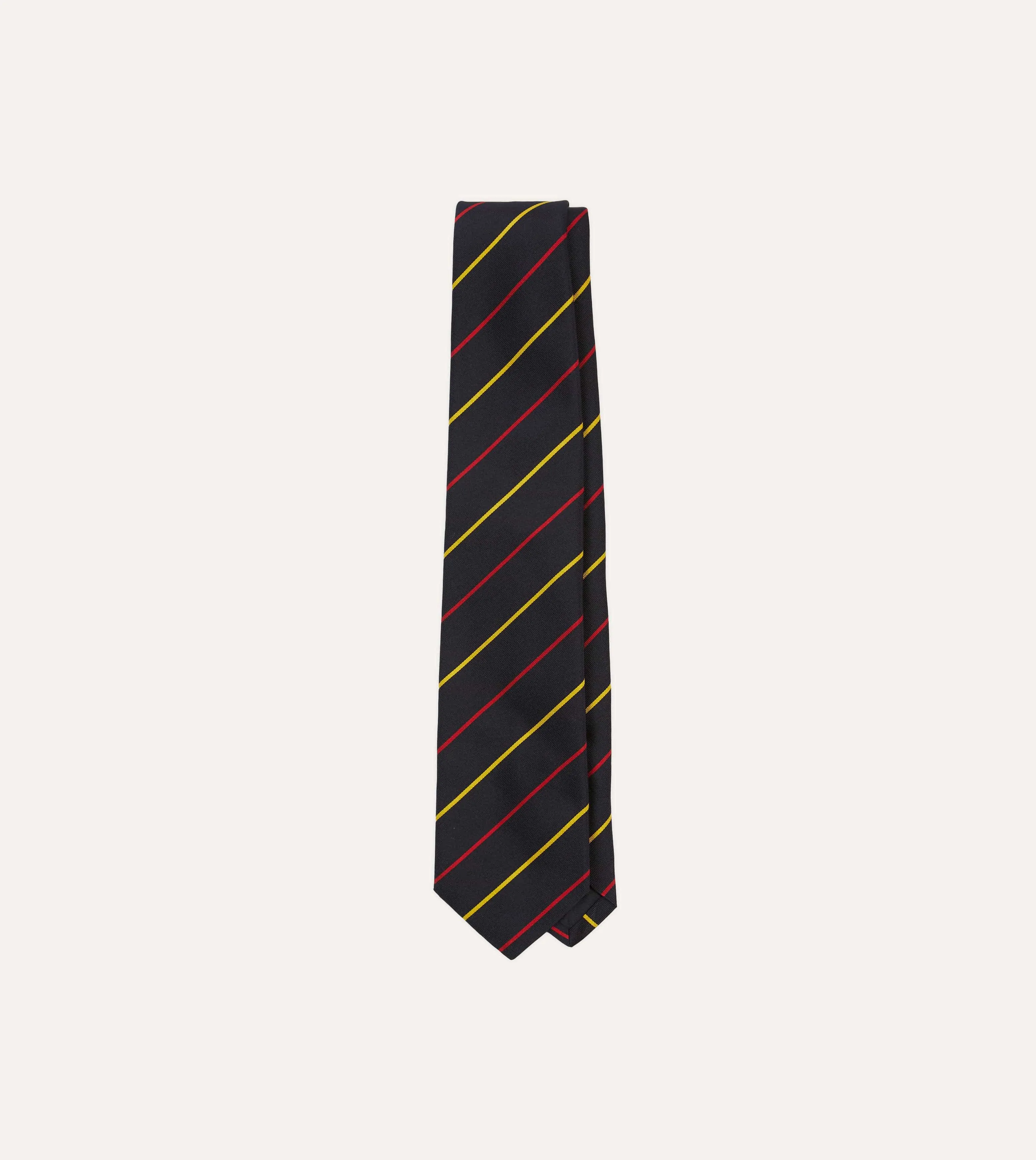 Navy, Red and Yellow Fine Stripe Mogador Silk Tipped Tie sold by Drake's London