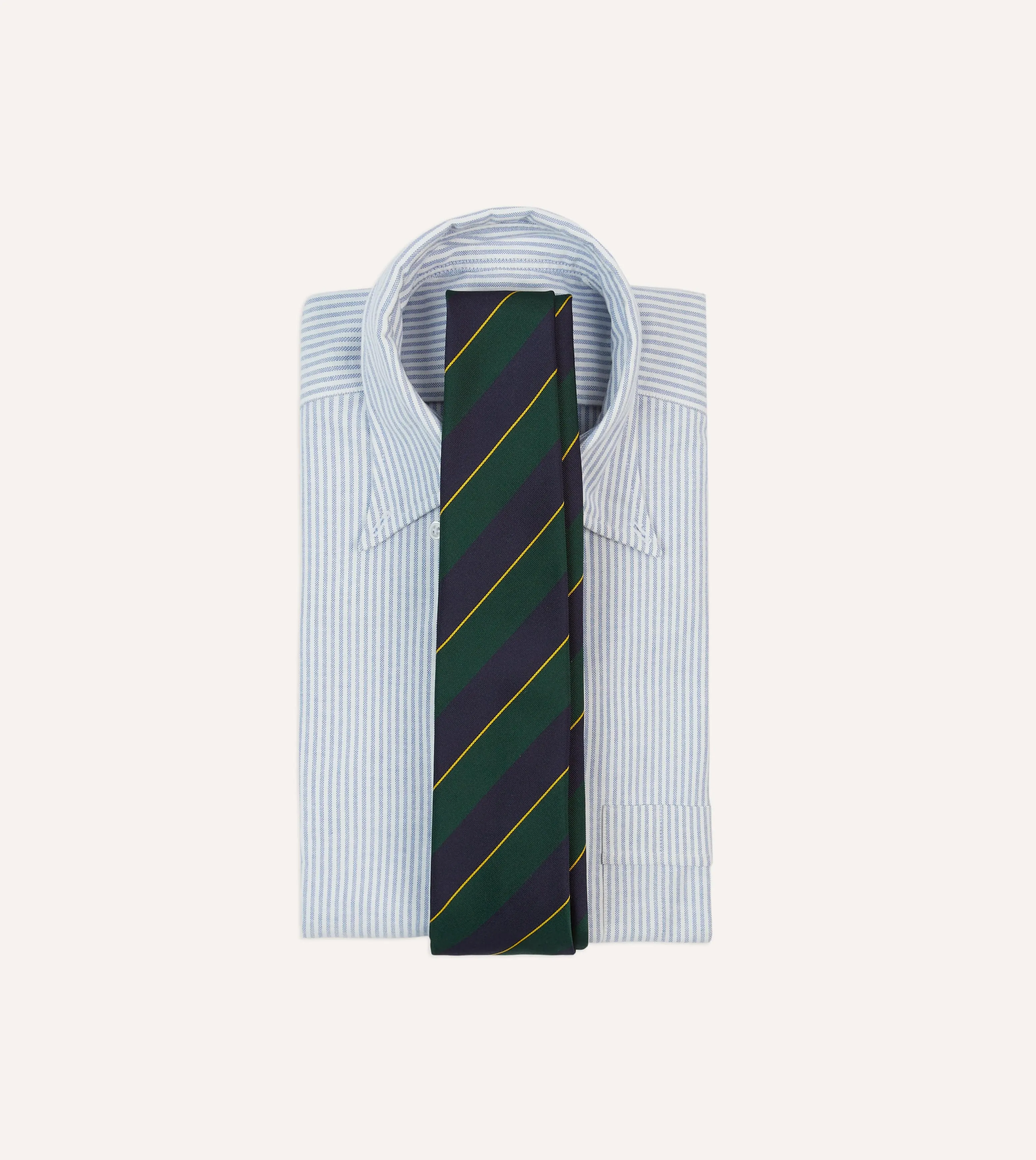 Navy, Green and Yellow Fine Stripe Mogador Silk Tipped Tie sold by Drake's London product image thumbnail 2