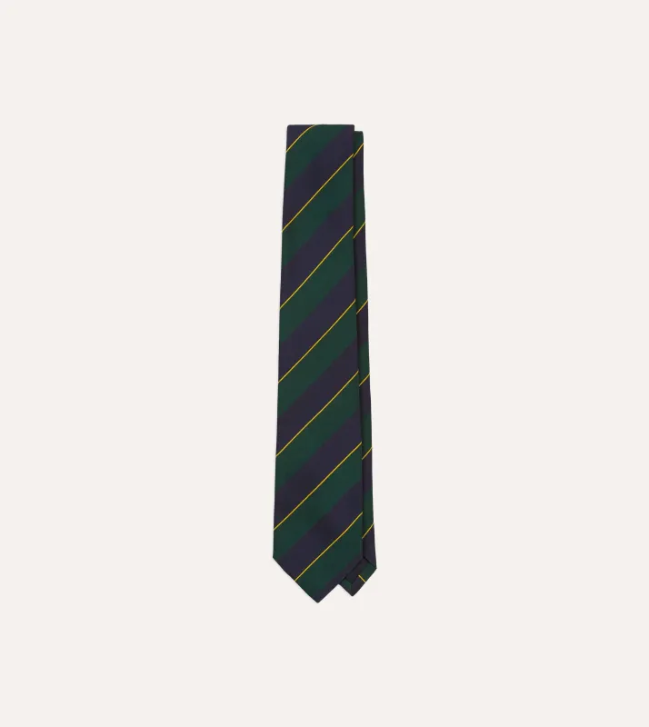 Navy, Green and Yellow Fine Stripe Mogador Silk Tipped Tie sold by Drake's London