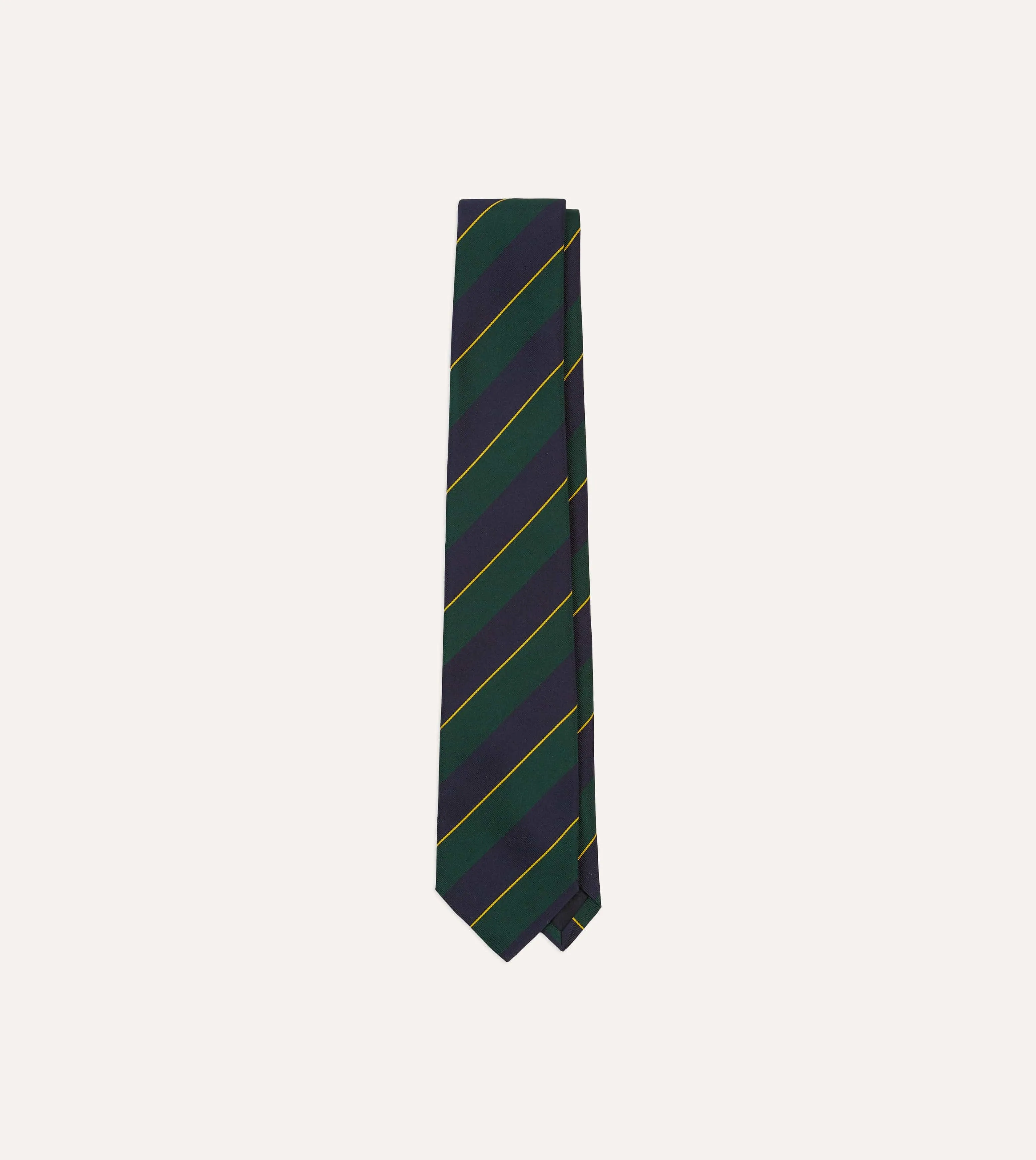 Navy, Green and Yellow Fine Stripe Mogador Silk Tipped Tie sold by Drake's London