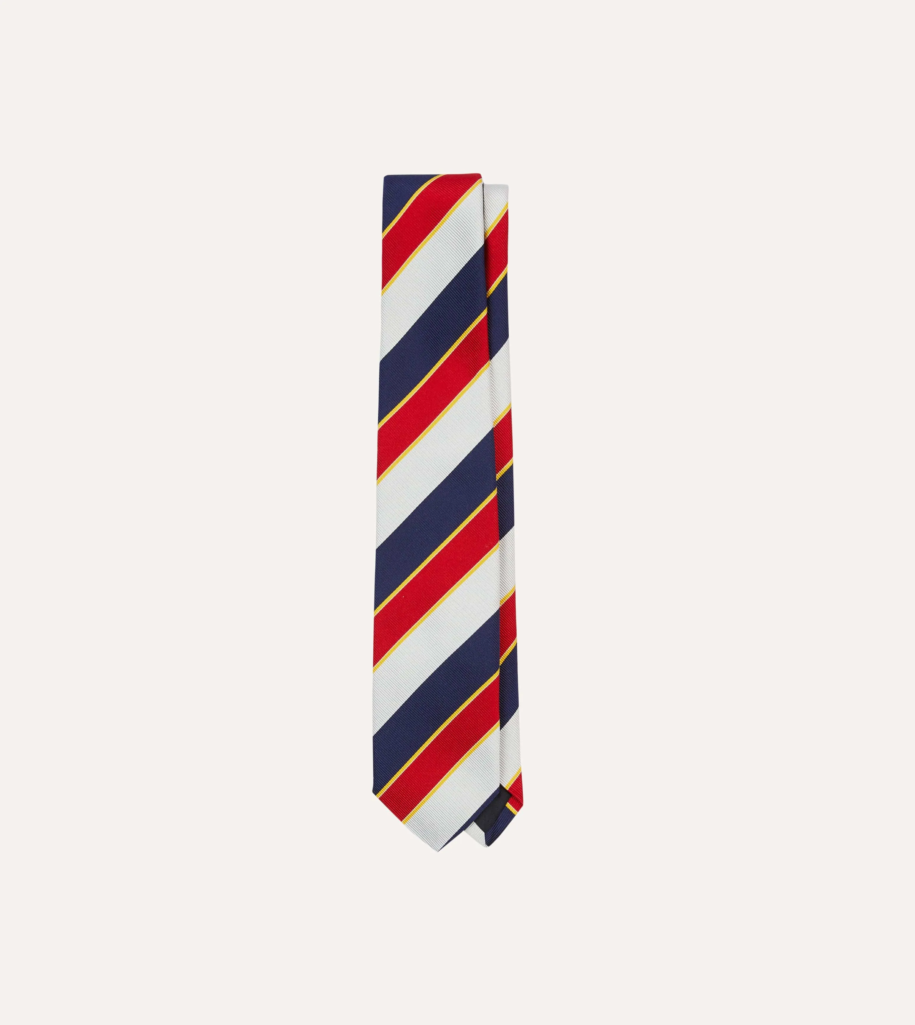 Navy, Red and White Block Stripe Repp Silk Tipped Tie sold by Drake's London