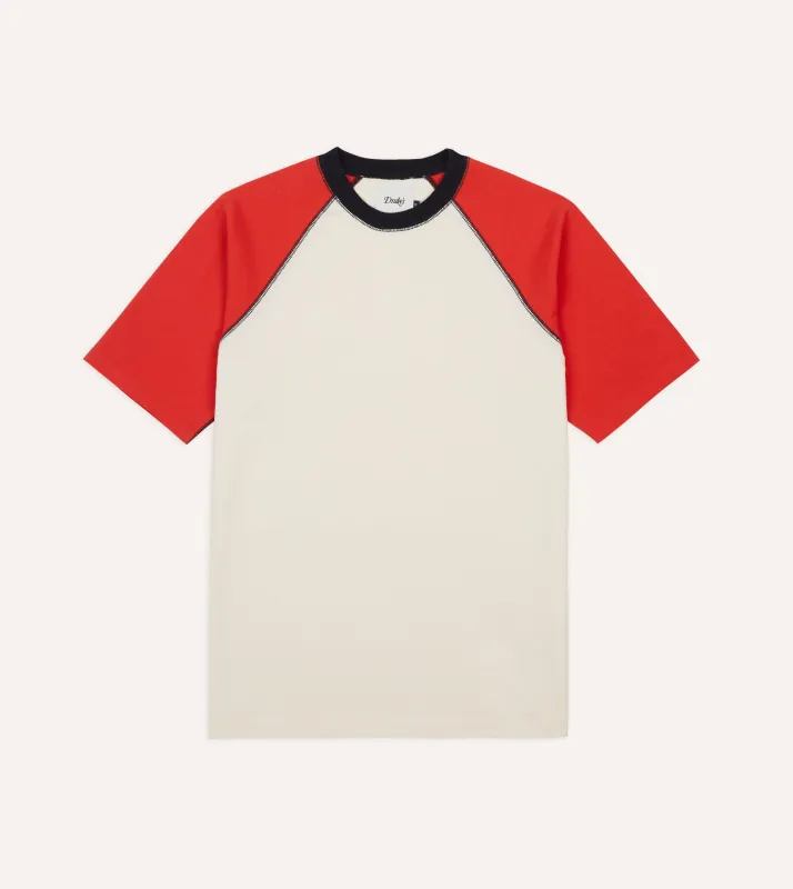 Ecru and Red Raglan Sleeve Hiking T-Shirt sold by Drake's London