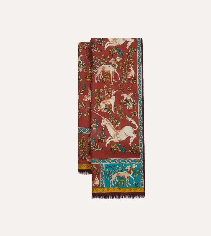 Red Unicorn Tile Print Wool-Silk Scarf sold by Drake's London