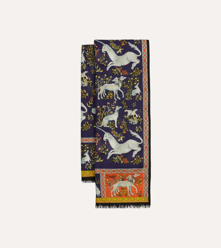 Navy Unicorn Tile Print Wool-Silk Scarf sold by Drake's London