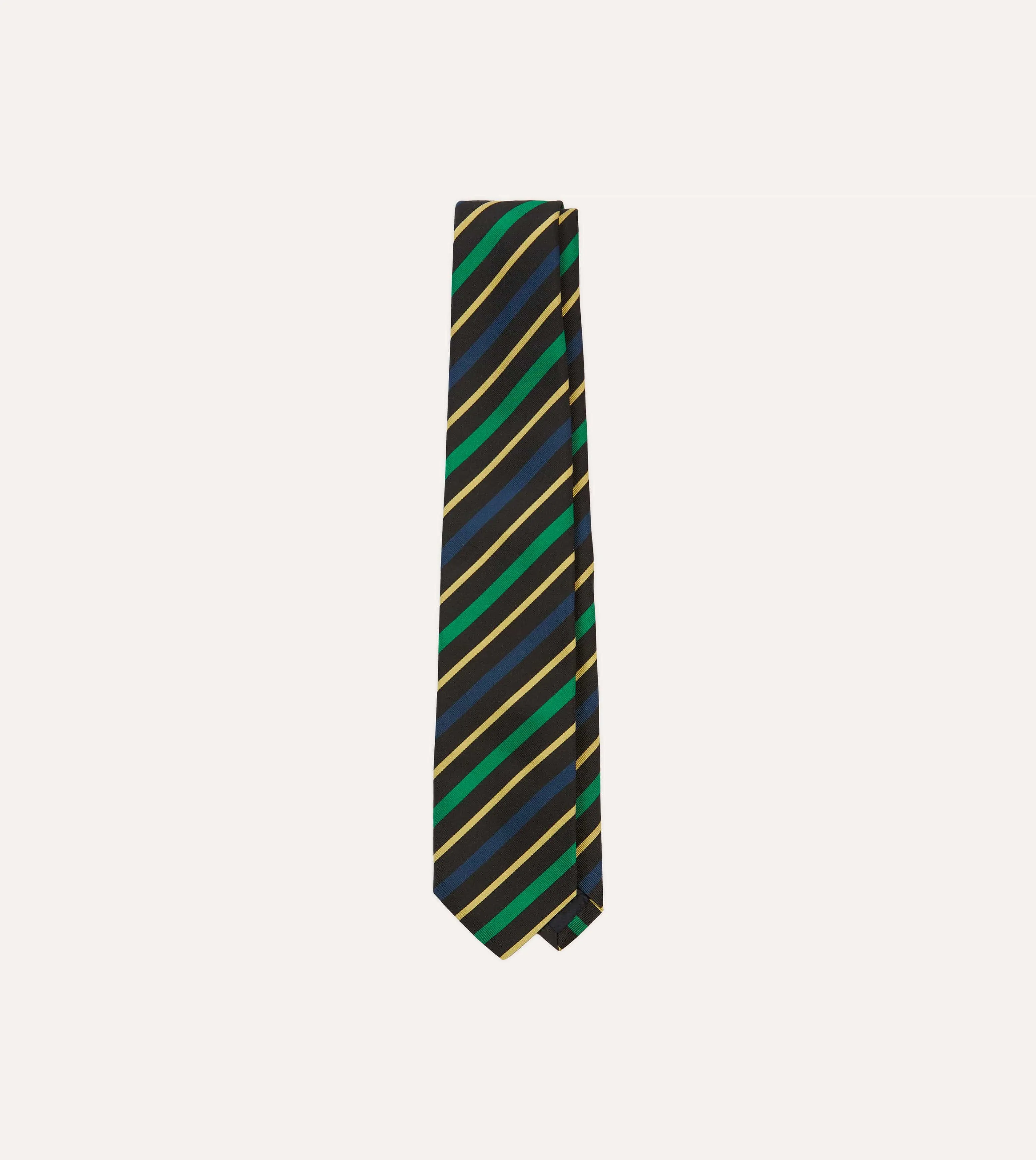 Black, Blue, Green and Yellow Multi Stripe Mogador Silk Tipped Tie sold by Drake's London