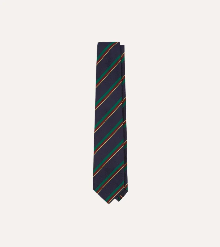 Navy, Green, Red and Yellow Multi Stripe Repp Silk Tipped Tie sold by Drake's London
