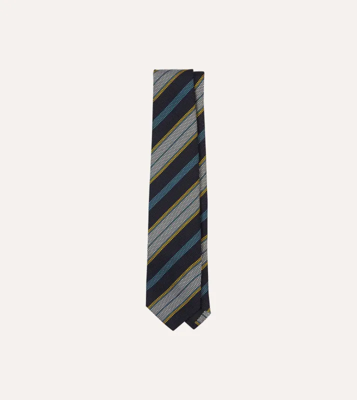 Navy, Blue, Yellow and White Multi Stripe Tipped Silk Grenadine Tie sold by Drake's London