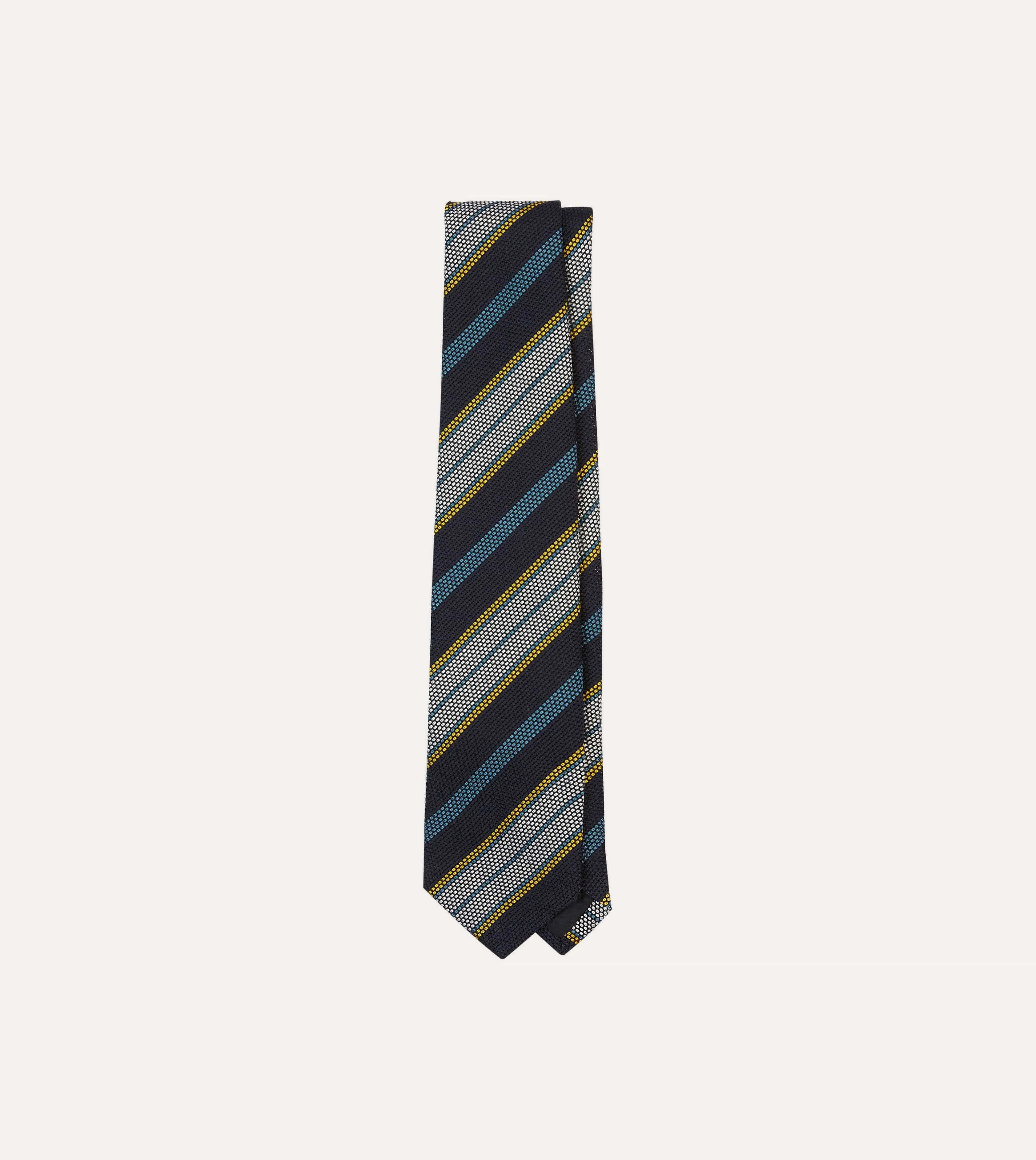 Navy, Blue, Yellow and White Multi Stripe Tipped Silk Grenadine Tie sold by Drake's London