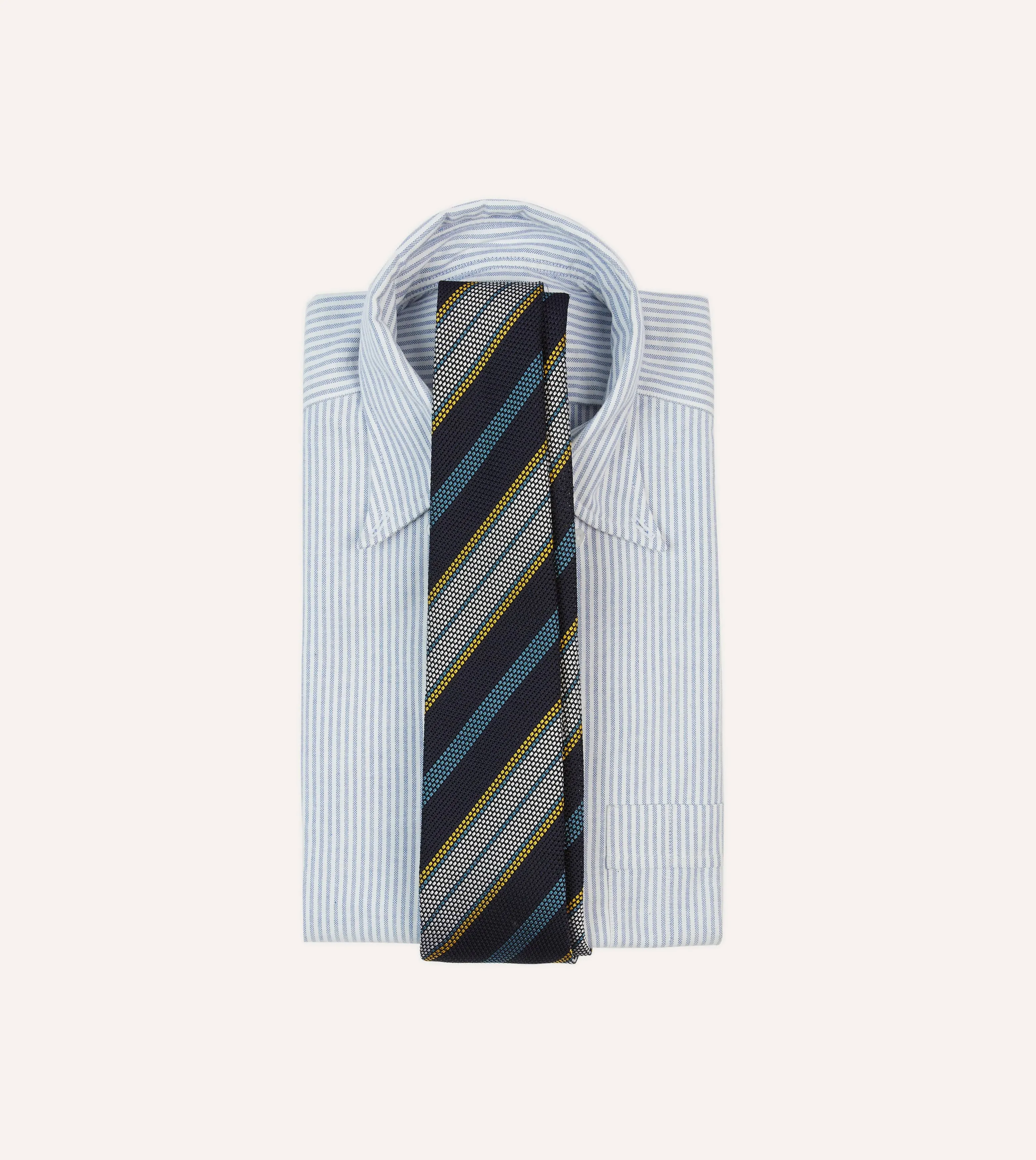Navy, Blue, Yellow and White Multi Stripe Tipped Silk Grenadine Tie sold by Drake's London product image thumbnail 2