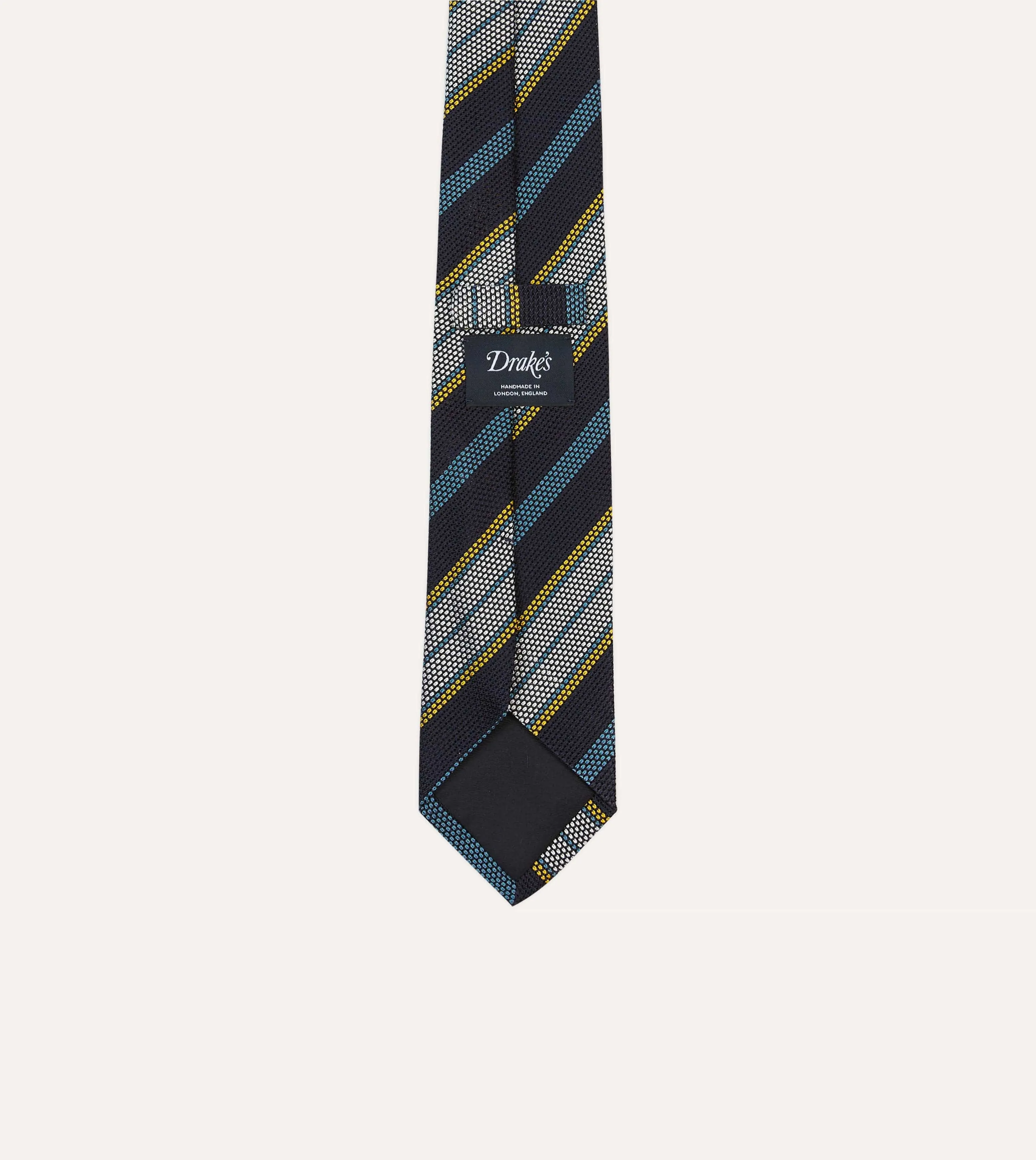 Navy, Blue, Yellow and White Multi Stripe Tipped Silk Grenadine Tie sold by Drake's London product image thumbnail 4