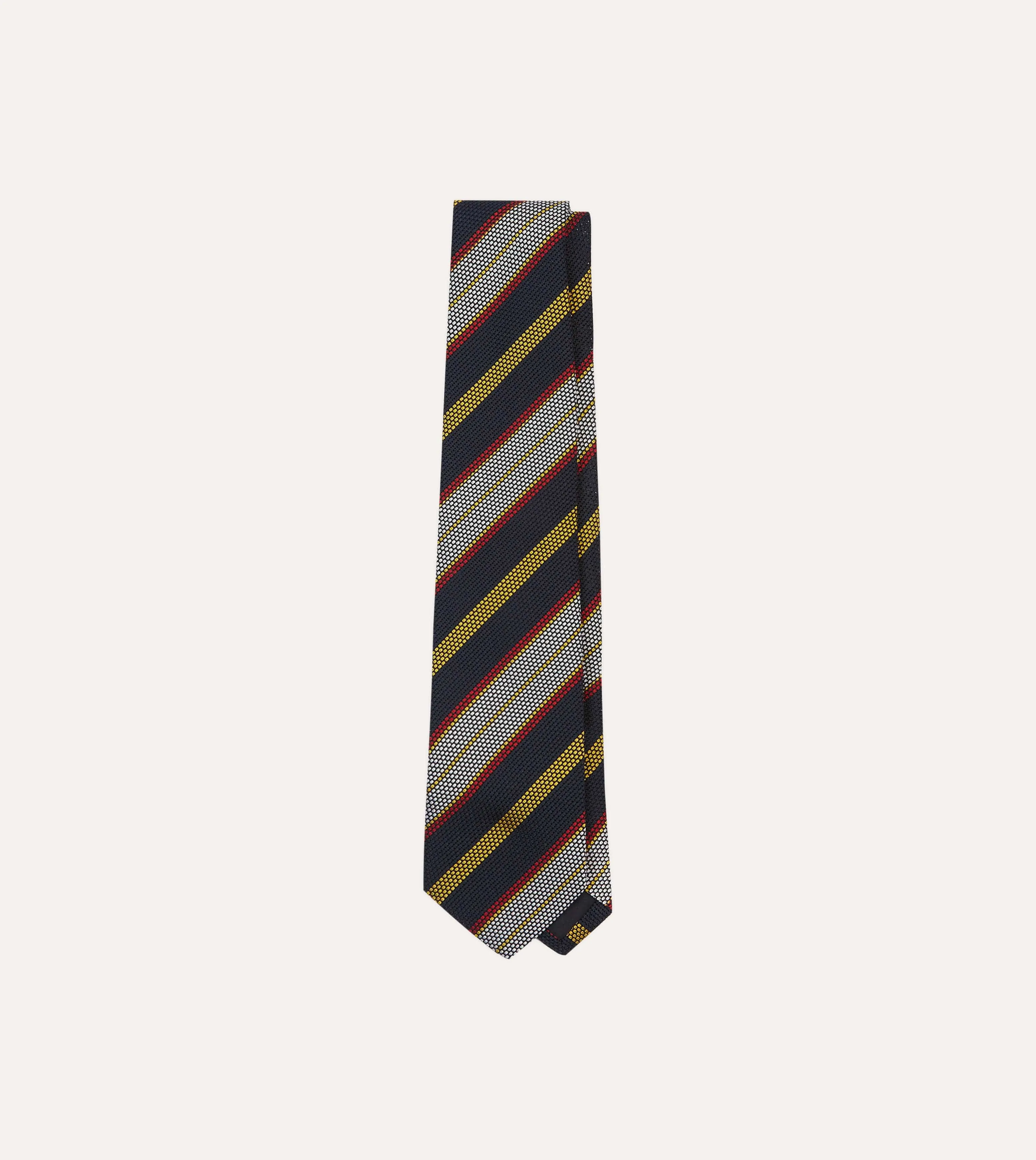 Navy, Yellow, Red and White Multi Stripe Tipped Silk Grenadine Tie sold by Drake's London