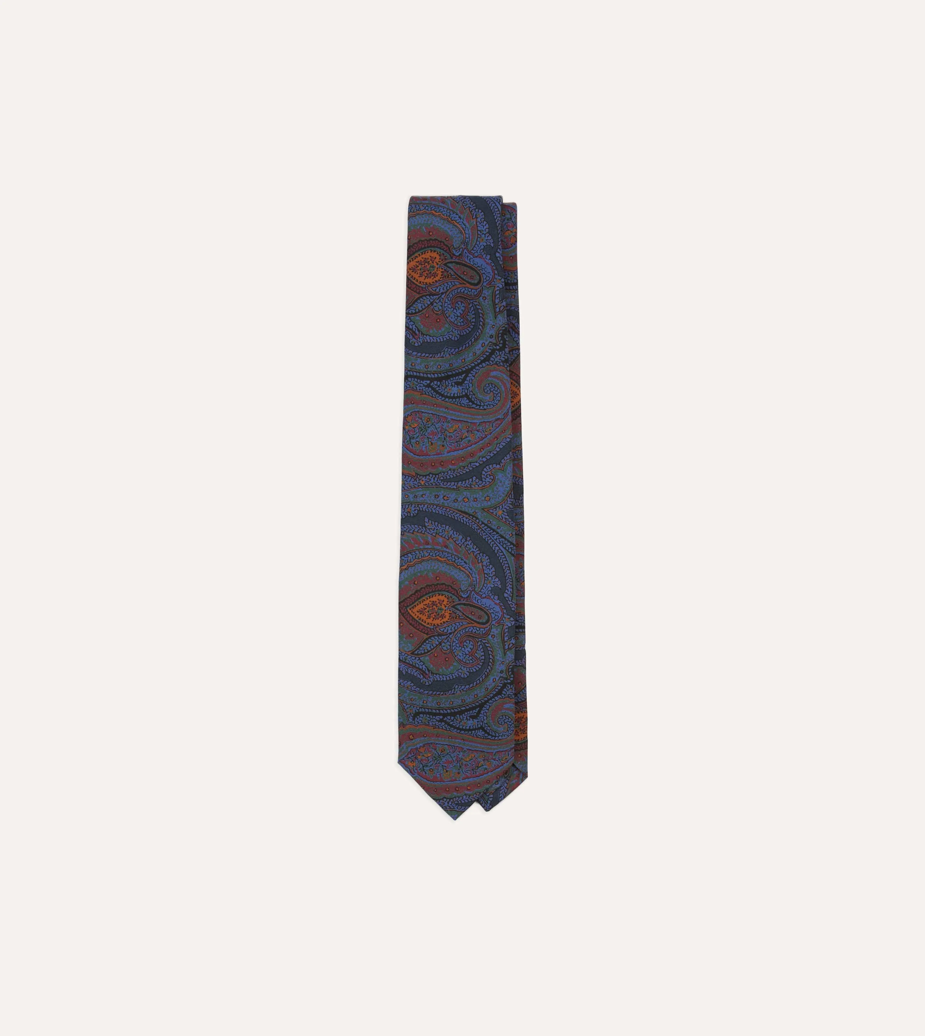 Navy Large Paisley Print Madder Silk Self-Tipped Tie sold by Drake's London