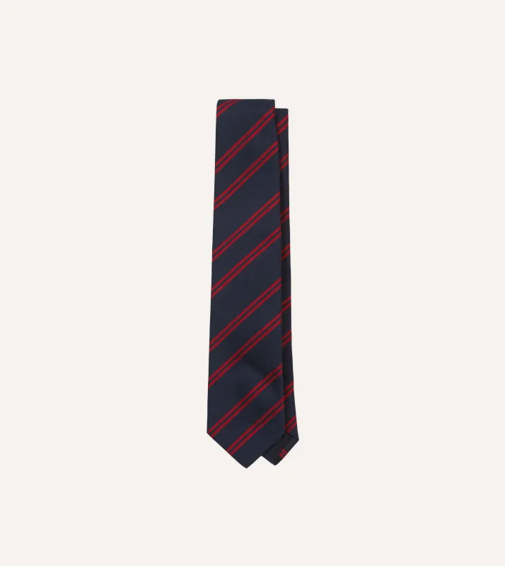 Navy and Red Double Stripe Repp Silk Tipped Tie sold by Drake's London