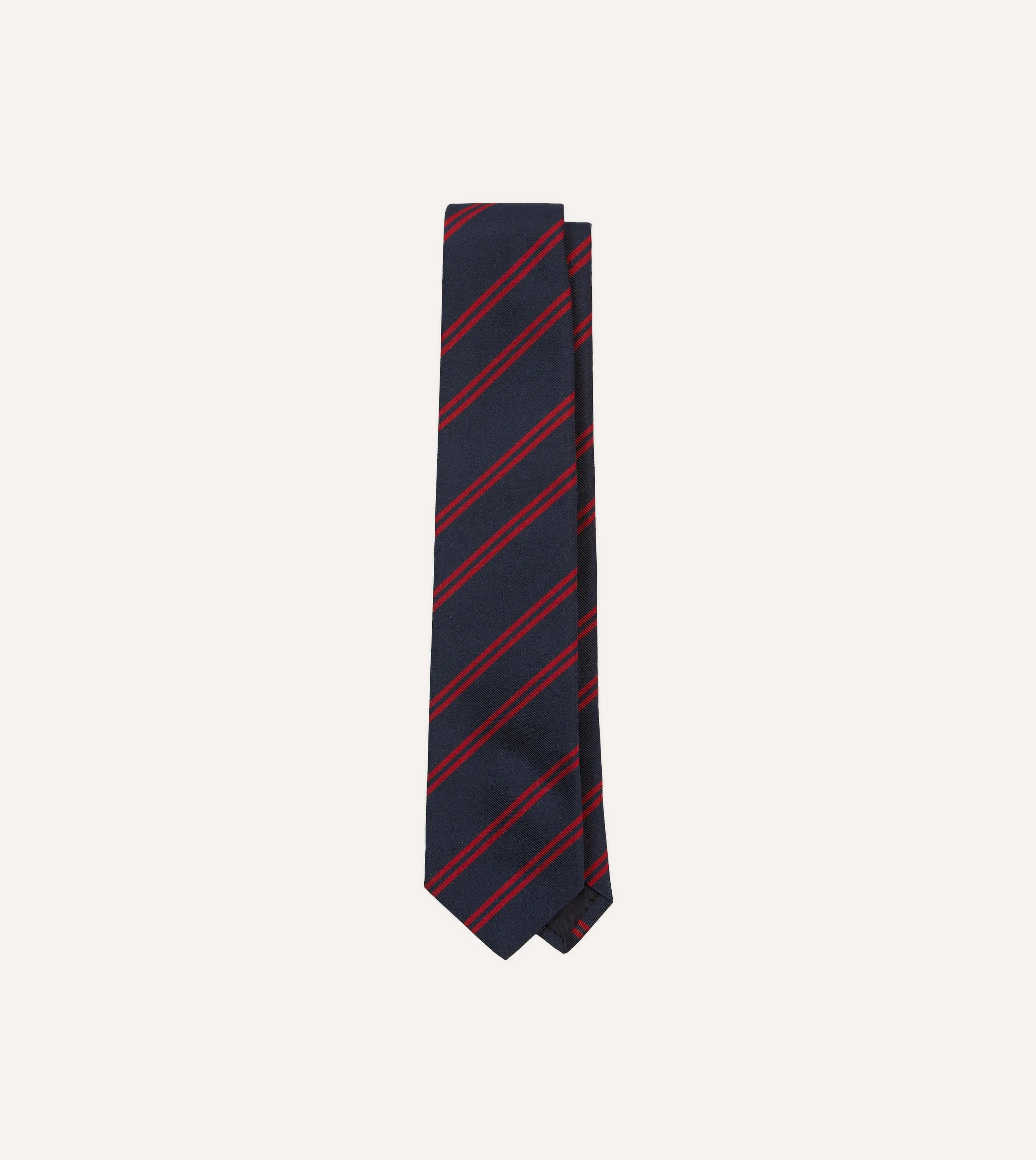 Navy and Red Double Stripe Repp Silk Tipped Tie sold by Drake's London