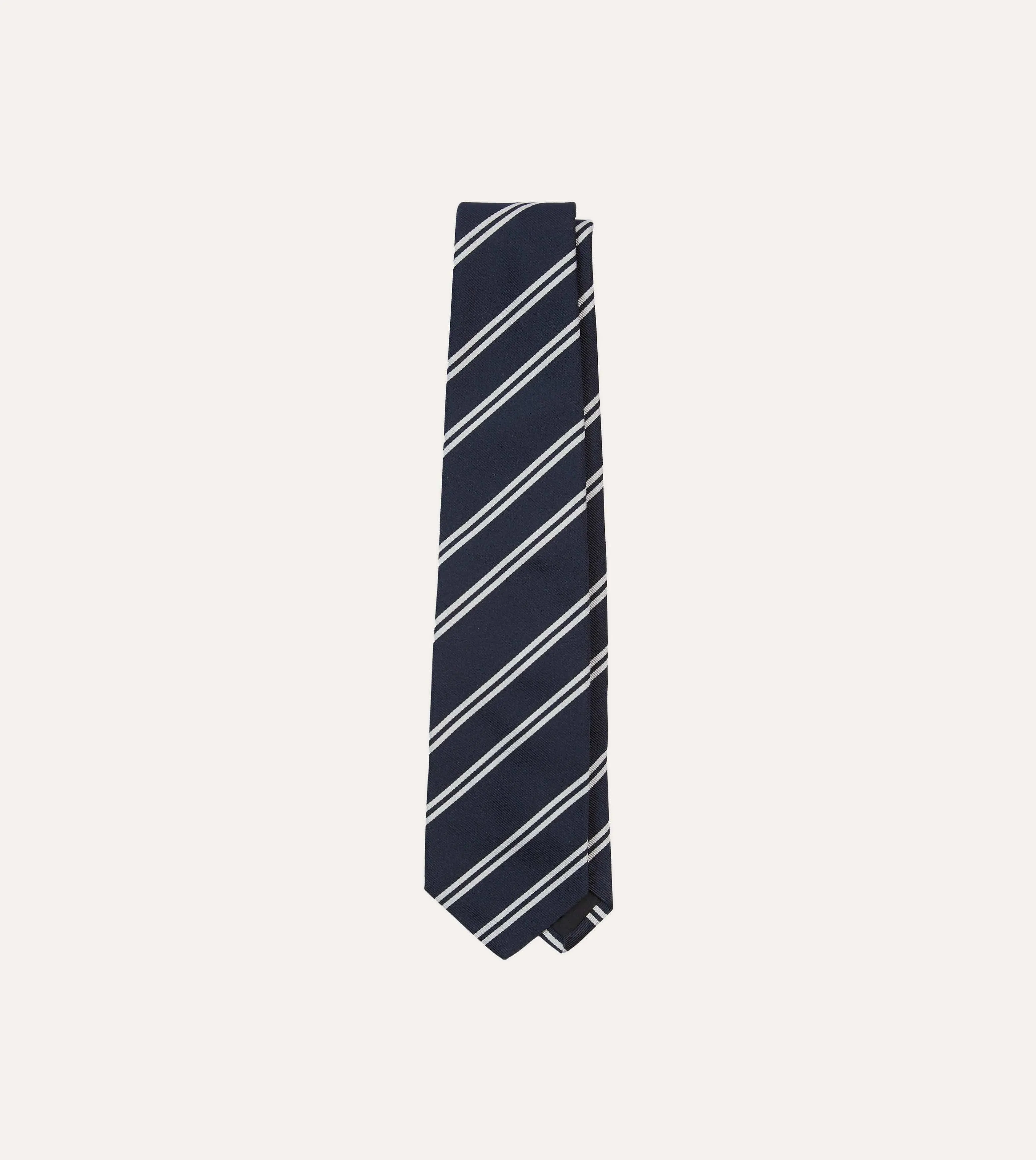 Navy and Ecru Double Stripe Repp Silk Tipped Tie sold by Drake's London