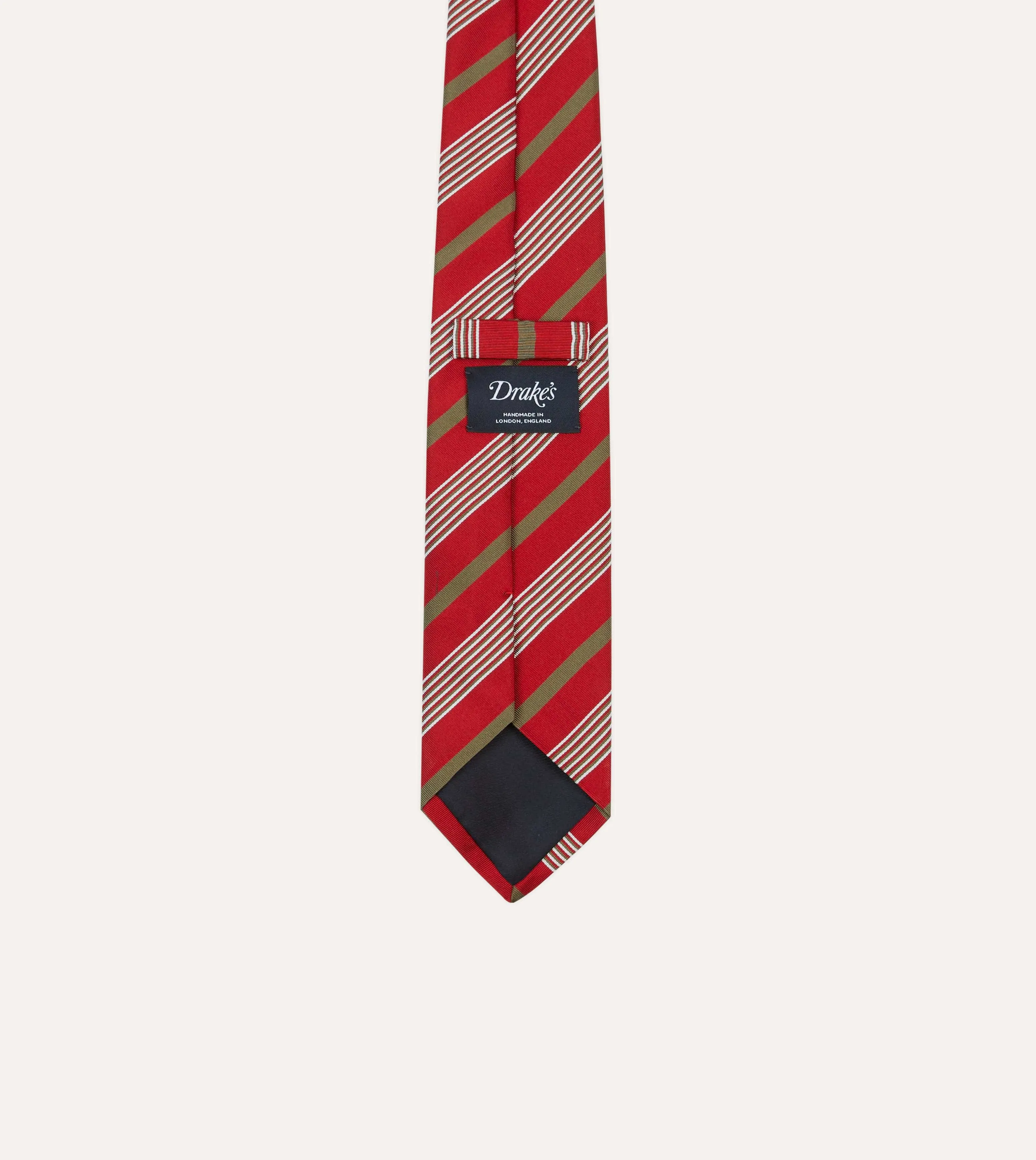 Red, Olive and White Multi Stripe Mogador Silk Tipped Tie sold by Drake's London product image thumbnail 4