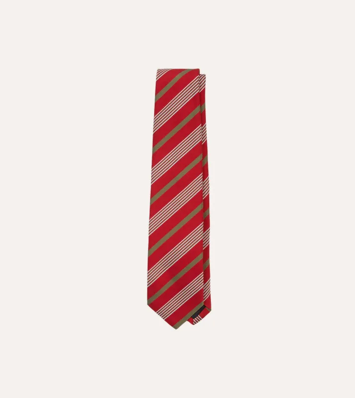 Red, Olive and White Multi Stripe Mogador Silk Tipped Tie sold by Drake's London