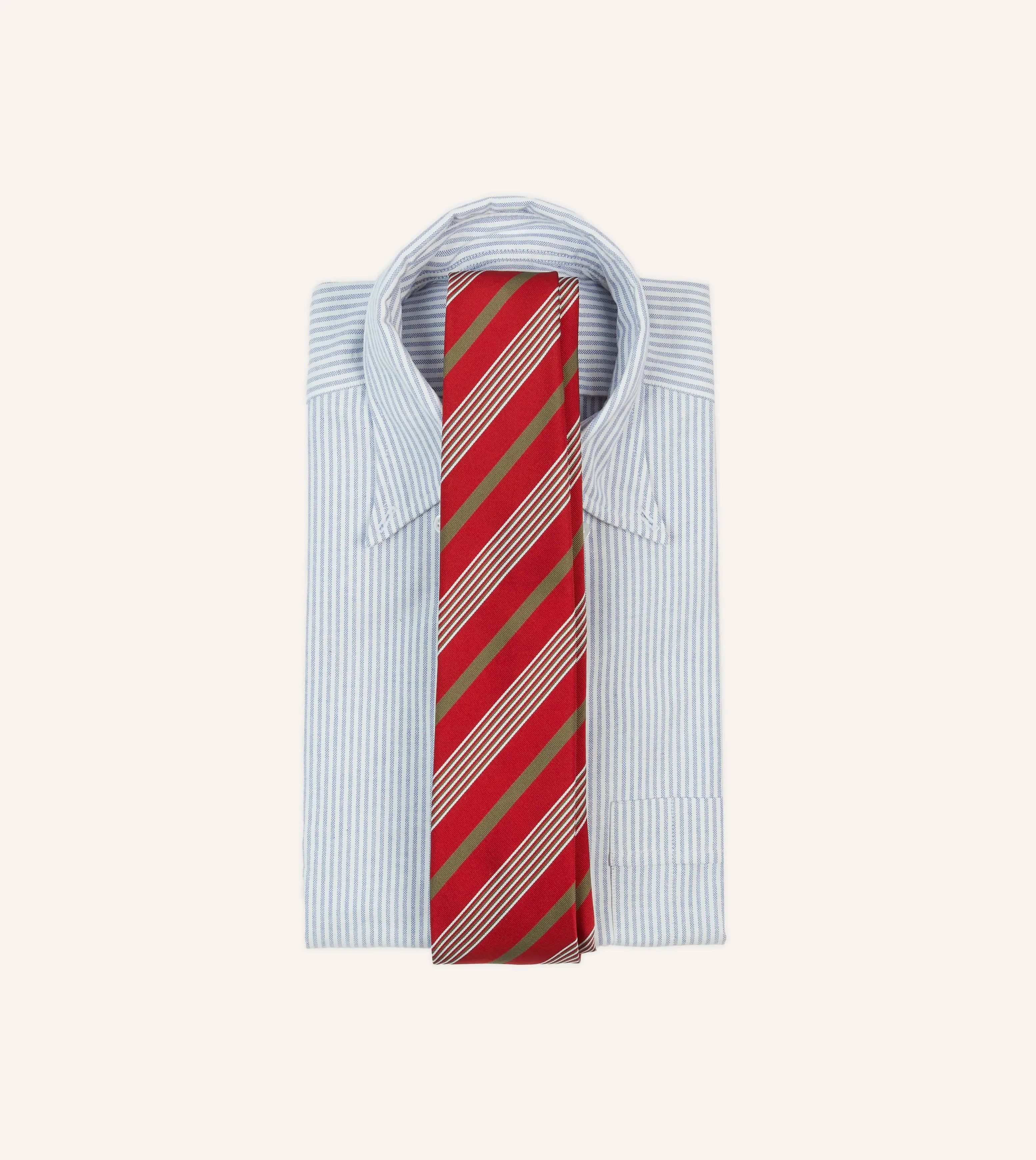 Red, Olive and White Multi Stripe Mogador Silk Tipped Tie sold by Drake's London product image thumbnail 2