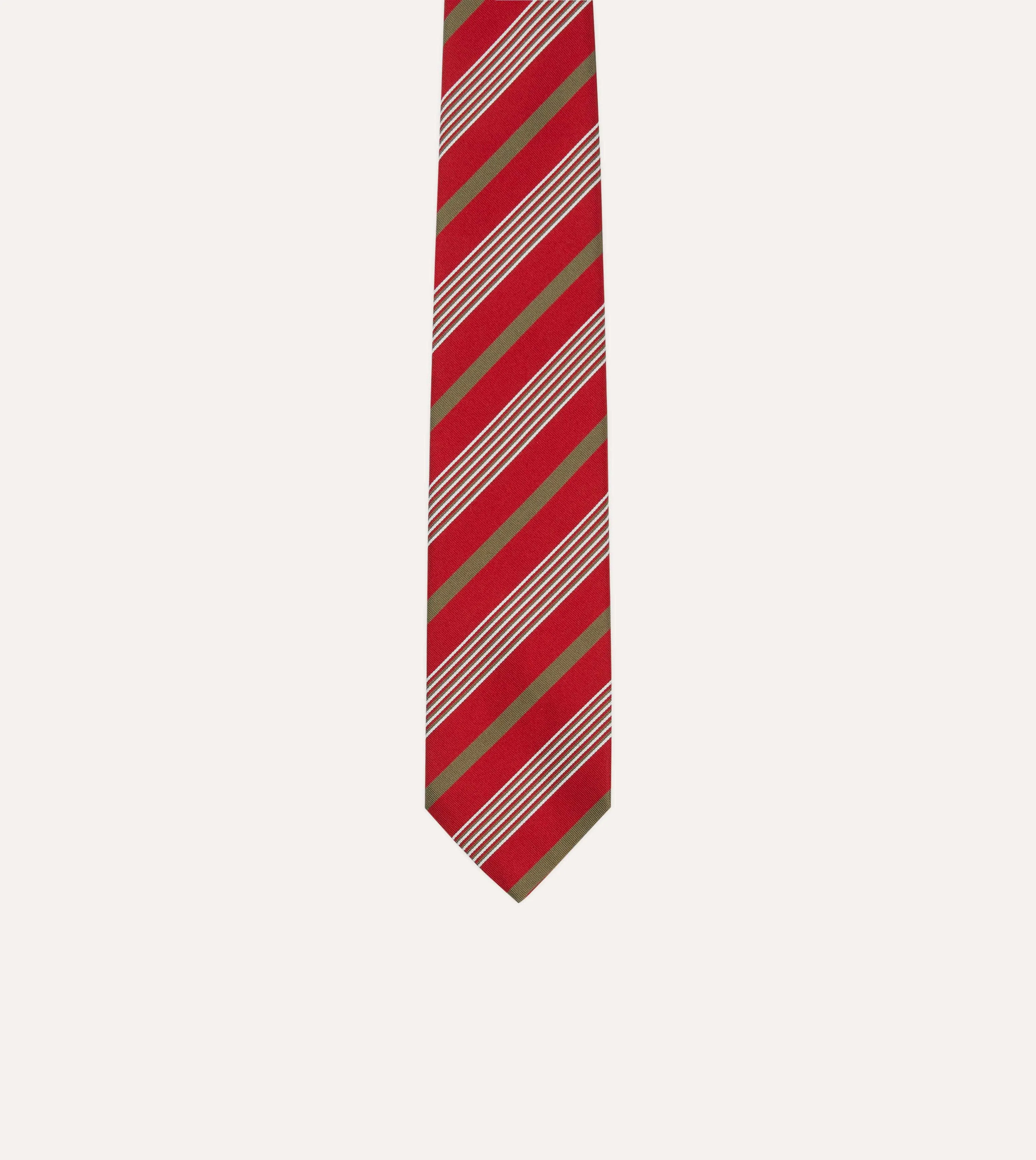 Red, Olive and White Multi Stripe Mogador Silk Tipped Tie sold by Drake's London product image thumbnail 3