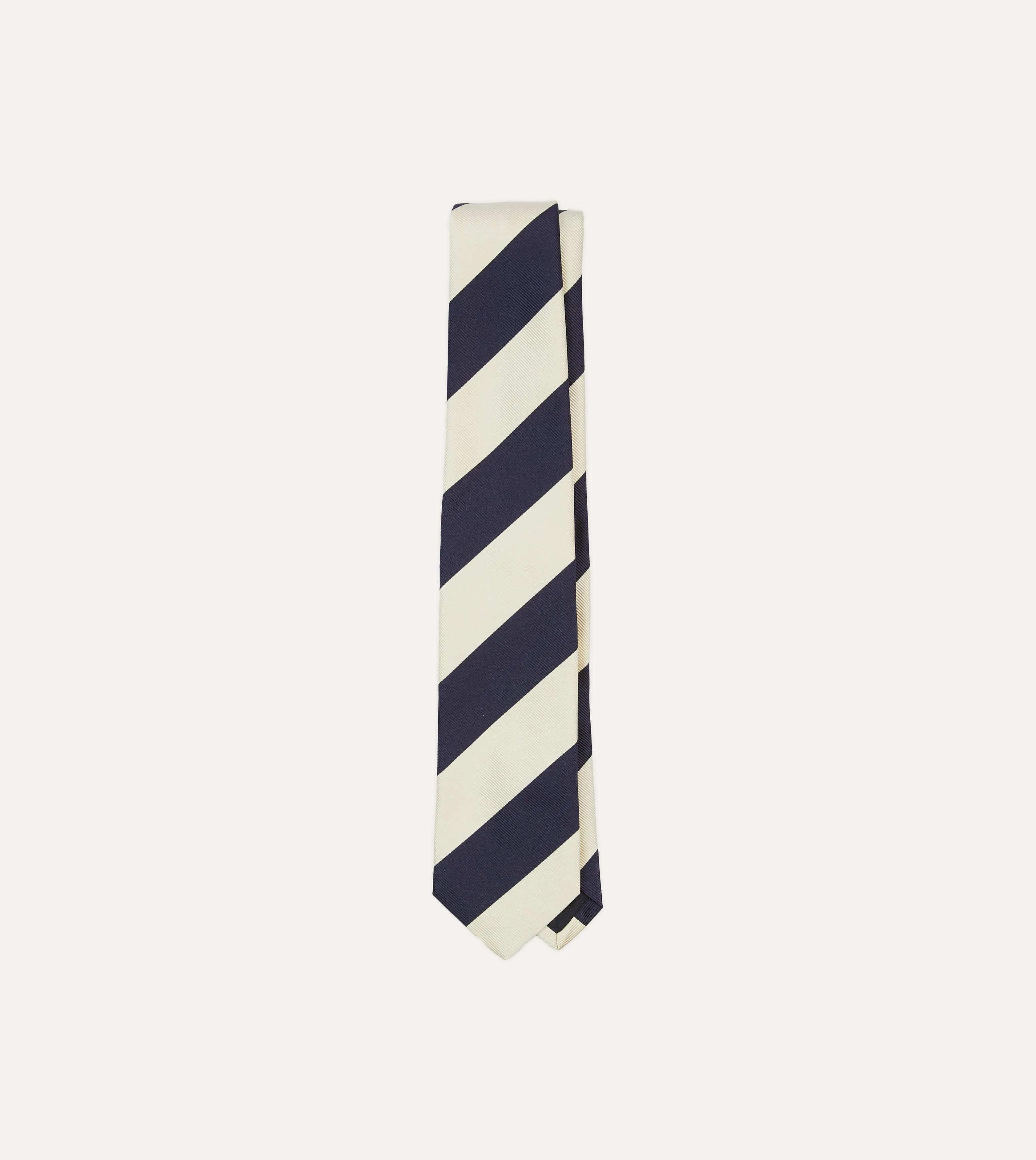 Ecru and Navy Block Stripe Repp Silk Tipped Tie sold by Drake's London