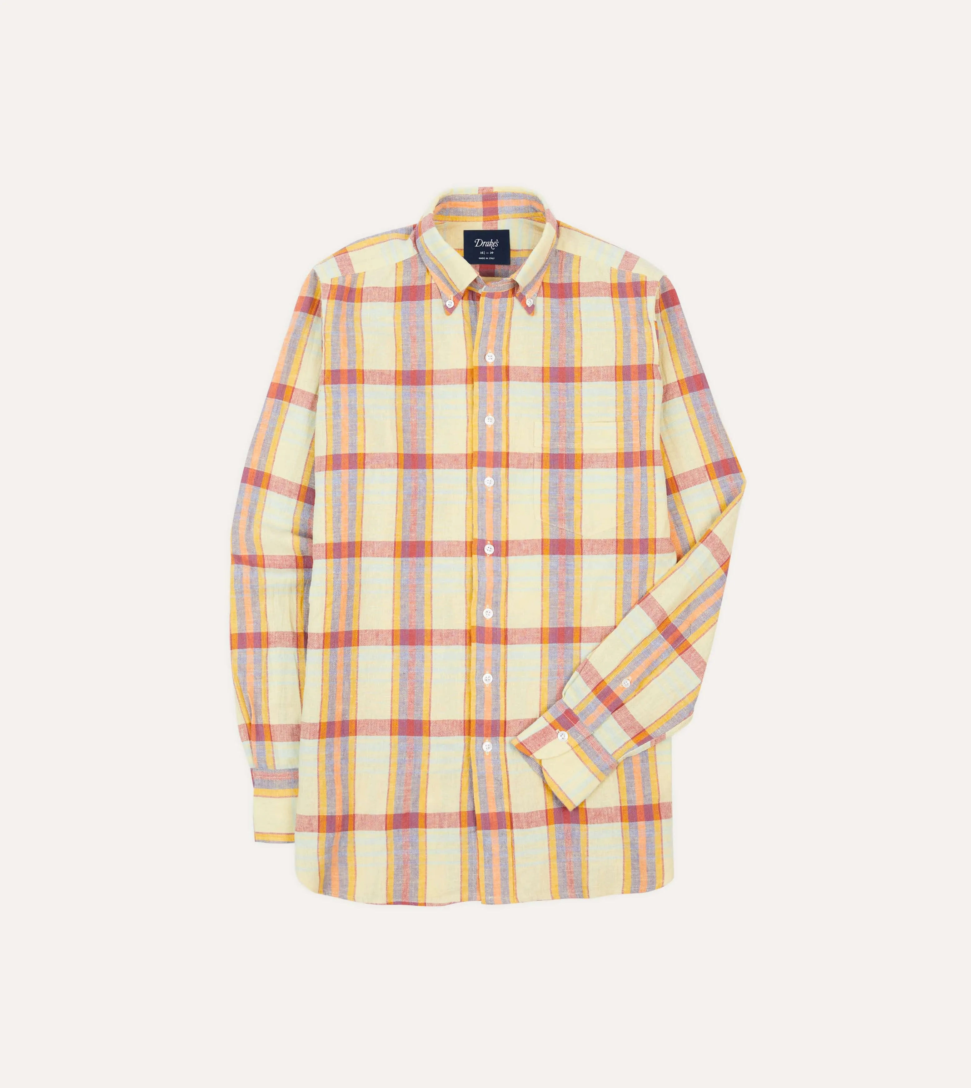 Yellow and Red Madras Check Cotton-Linen Button-Down Shirt sold by Drake's London