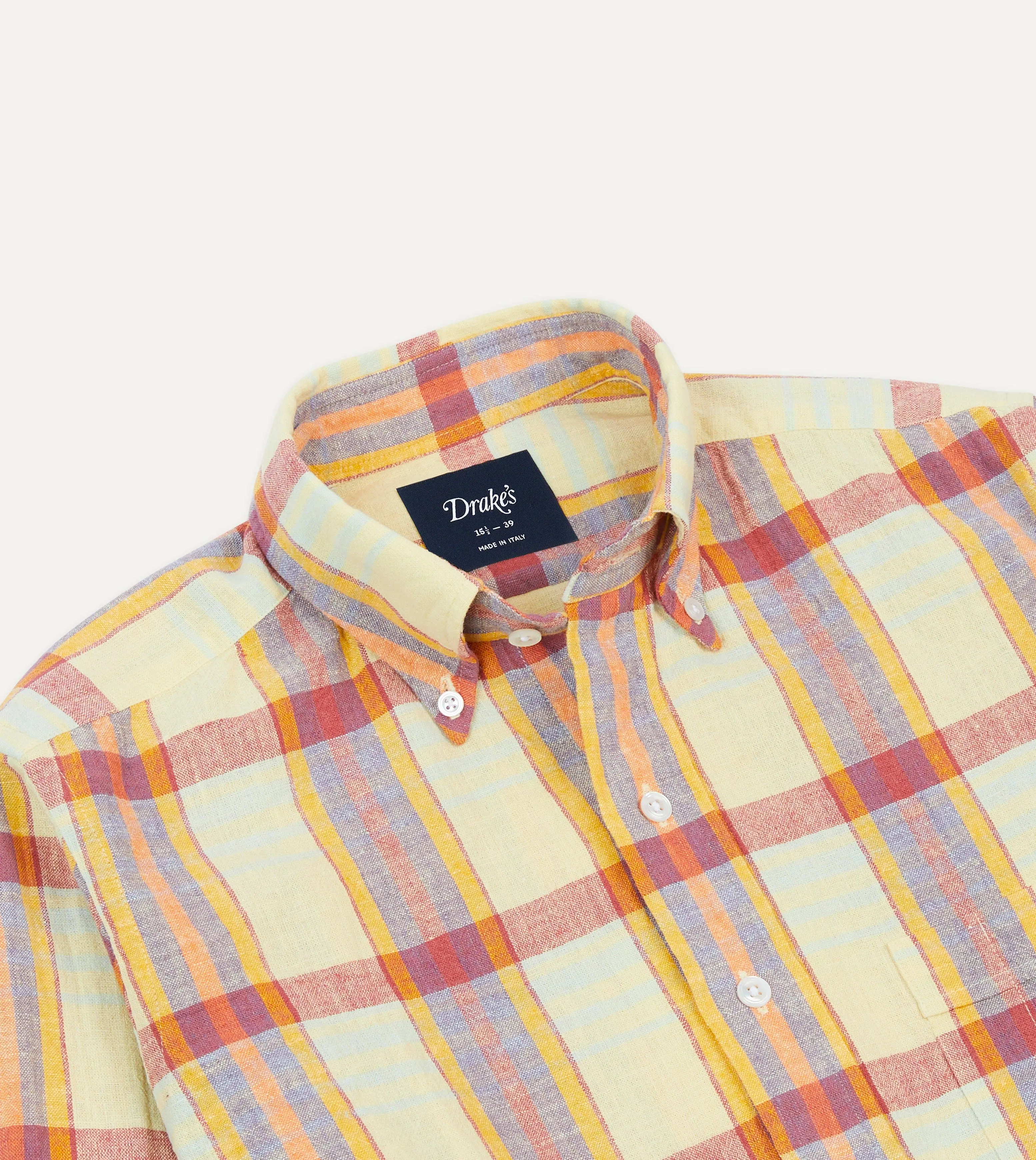 Yellow and Red Madras Check Cotton-Linen Button-Down Shirt sold by Drake's London product image thumbnail 3