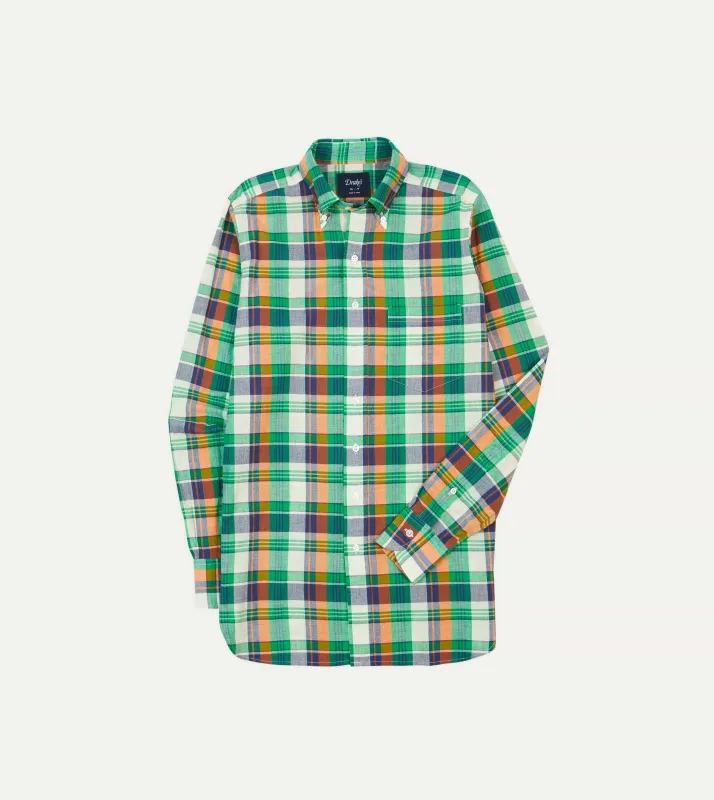 Green and Orange Madras Check Cotton Button-Down Shirt sold by Drake's London
