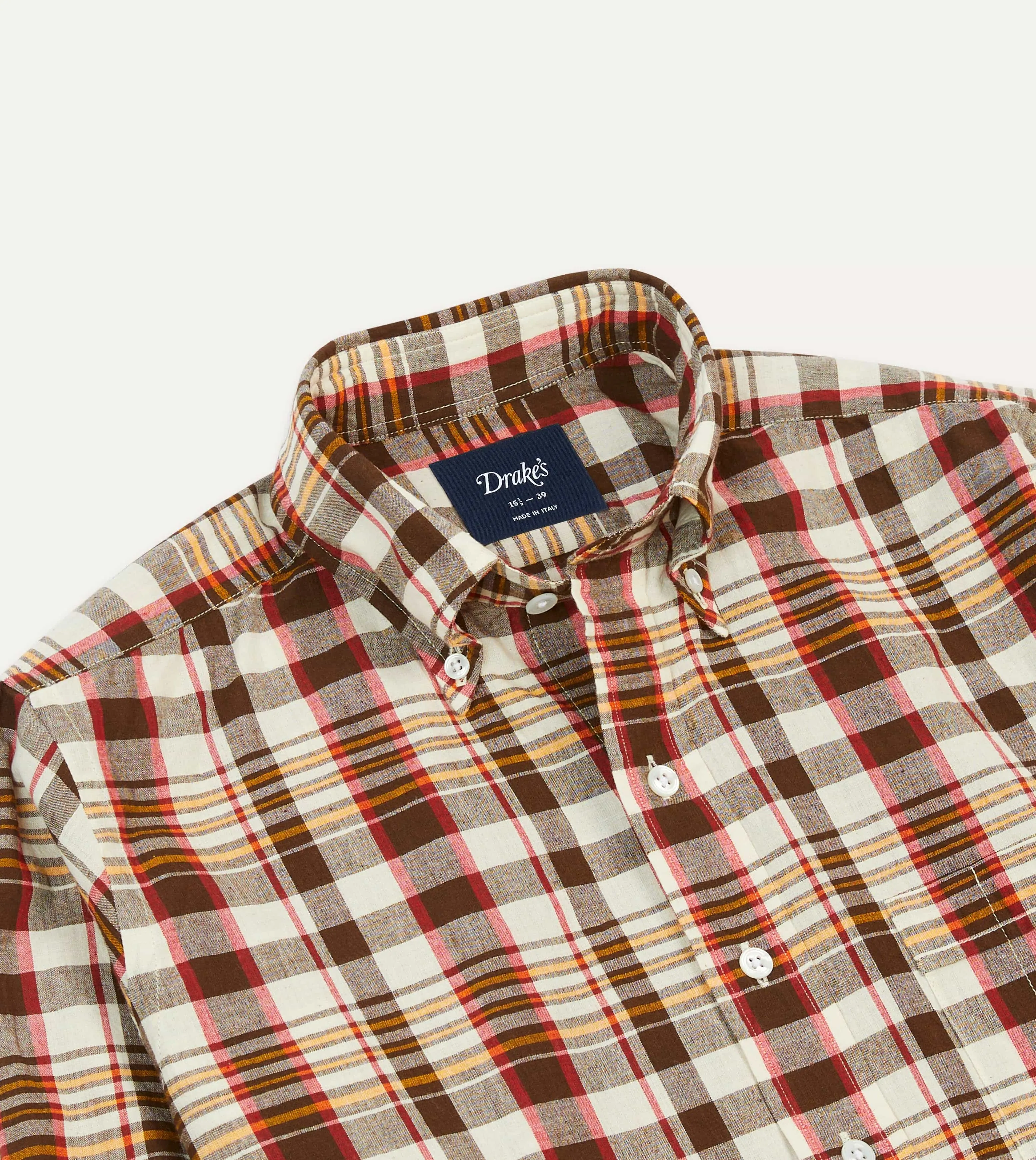 Brown and Red Madras Check Cotton Button-Down Shirt sold by Drake's London product image thumbnail 3