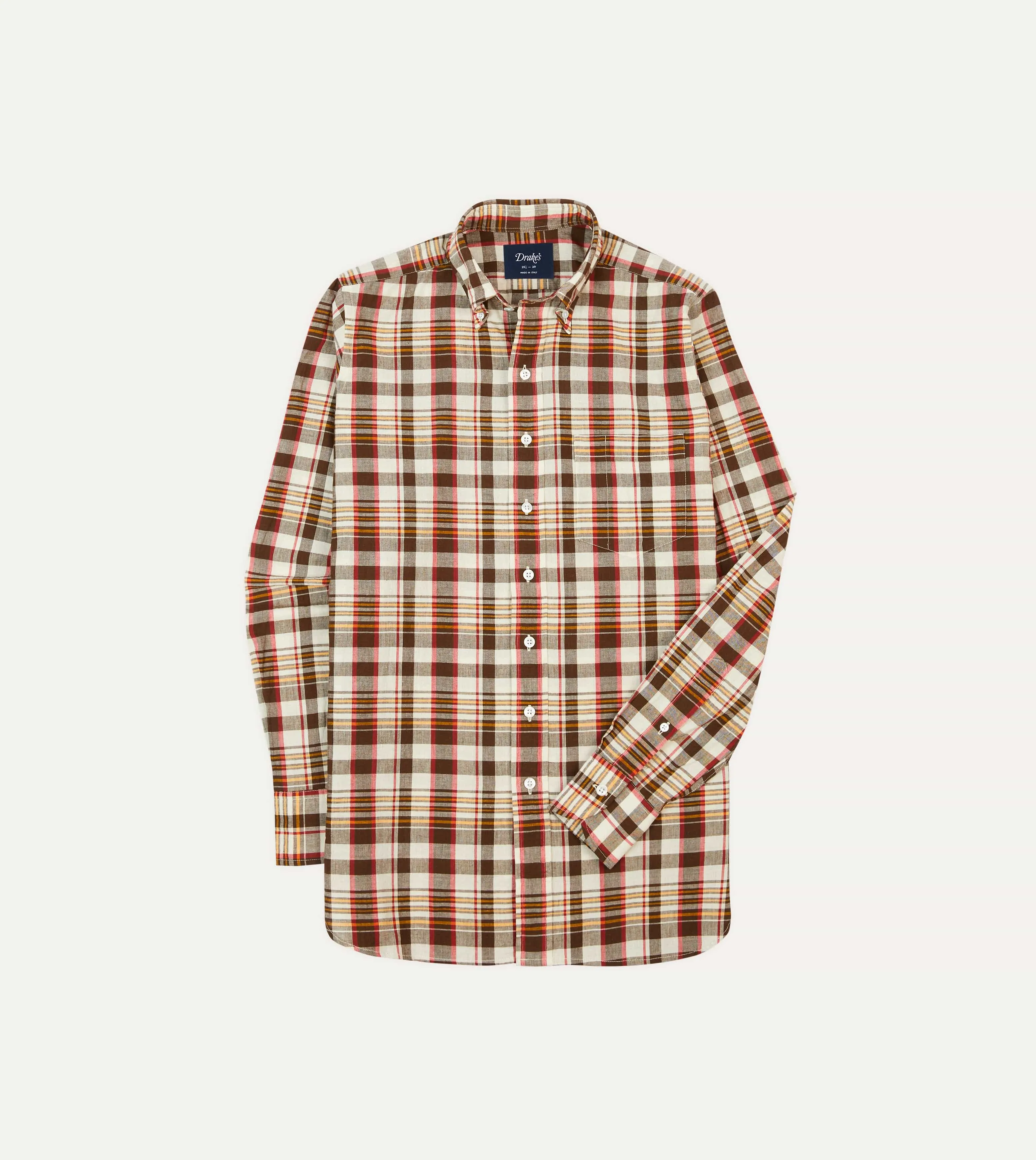 Brown and Red Madras Check Cotton Button-Down Shirt sold by Drake's London