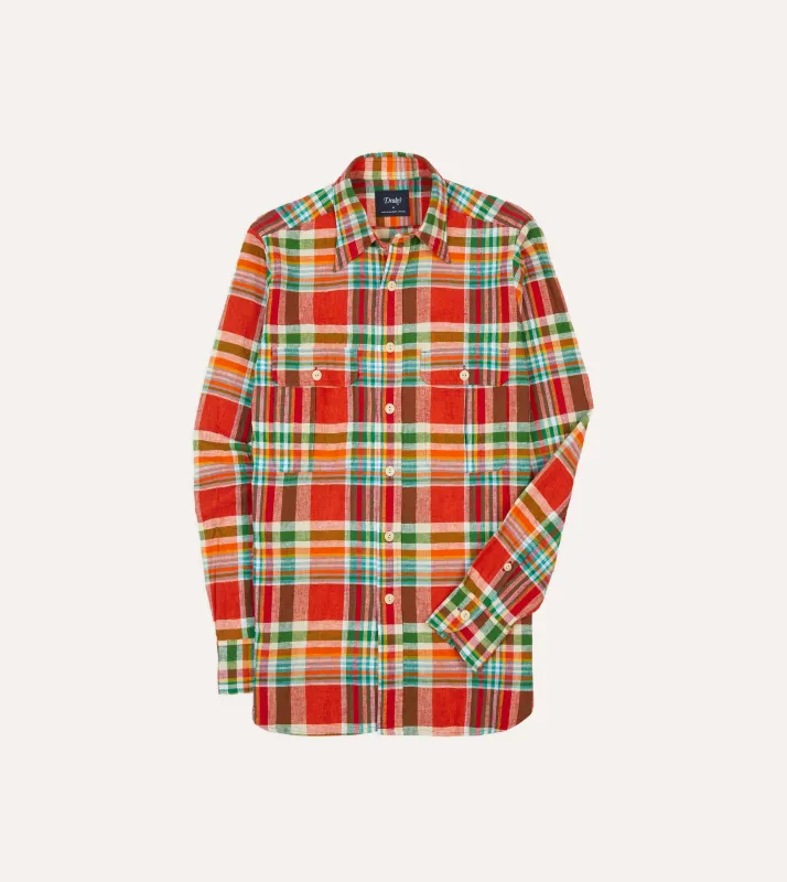 Red and Green Madras Check Cotton-Linen Two-Pocket Work Shirt sold by Drake's London