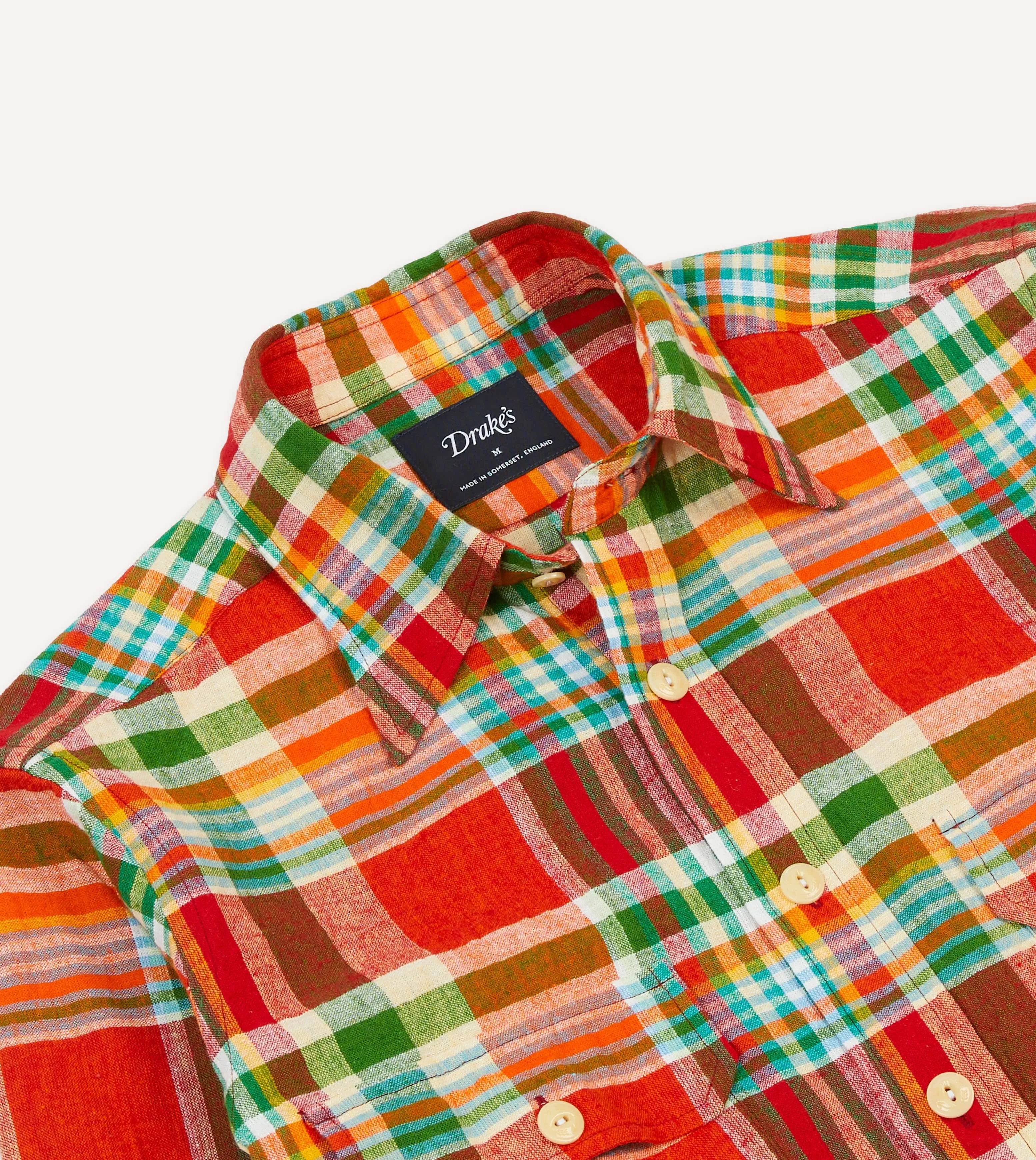 Red and Green Madras Check Cotton-Linen Two-Pocket Work Shirt sold by Drake's London product image thumbnail 3