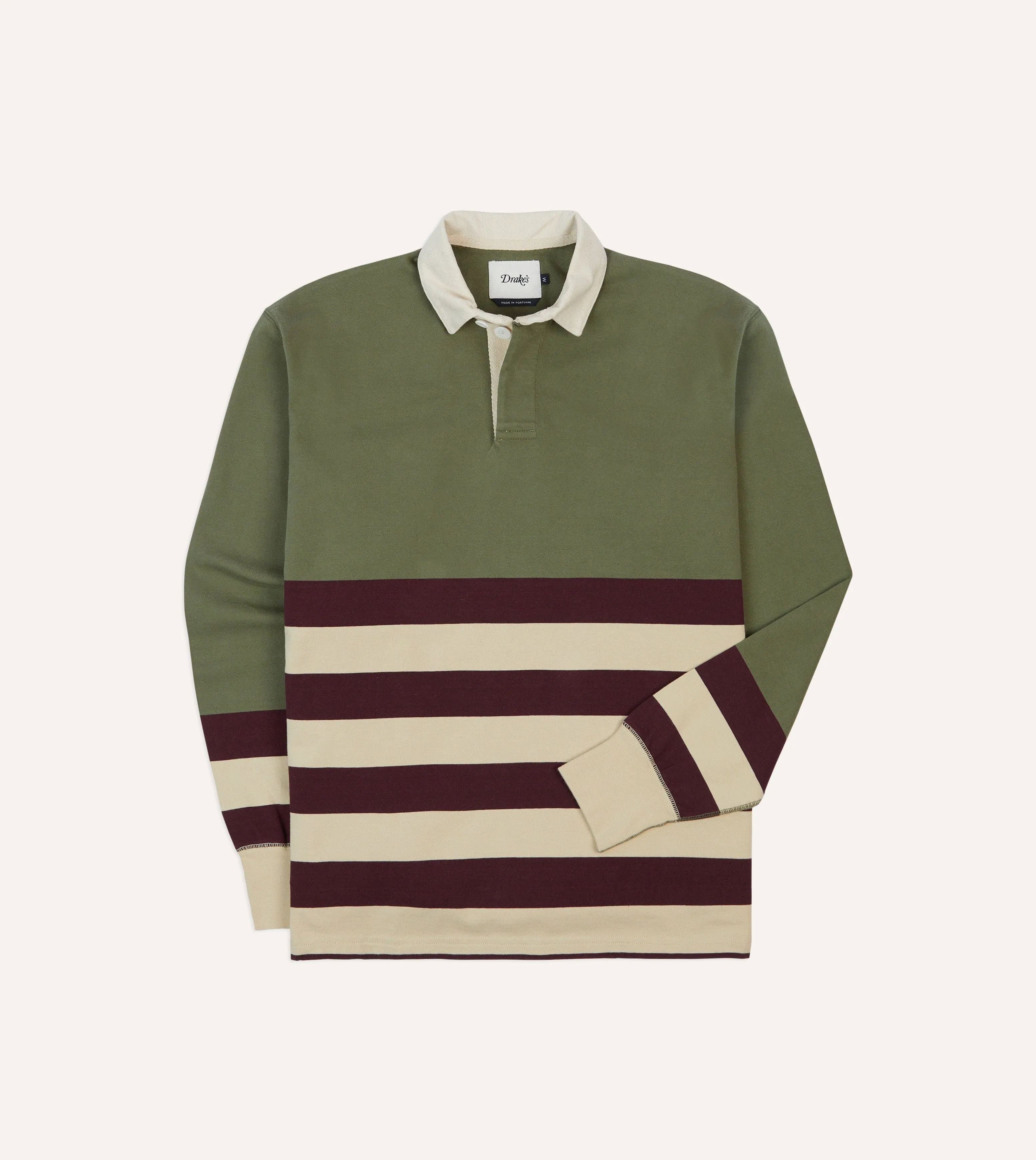 Khaki, Burgundy and Ecru Half Striped Cotton Rugby Shirt sold by Drake's London