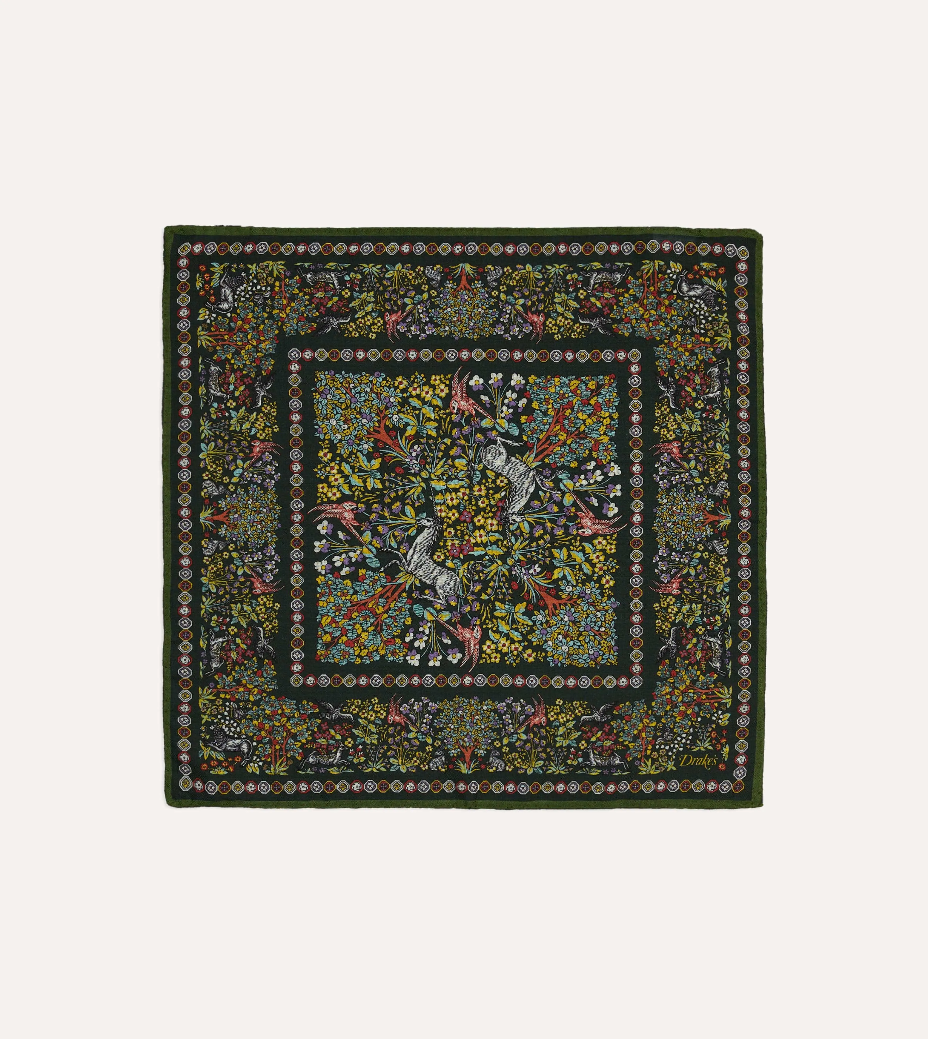 Gold Floral Unicorn Print Wool-Silk Pocket Square sold by Drake's London