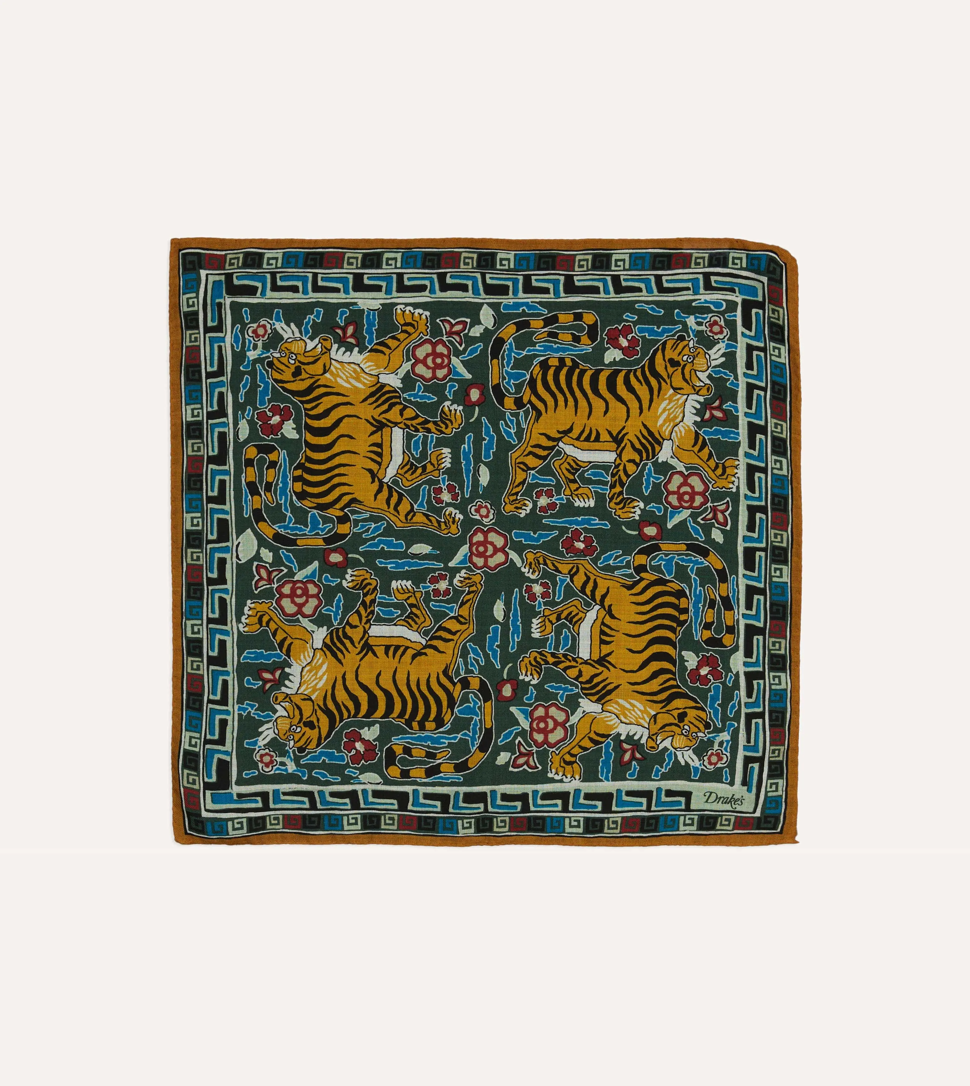 Green Tiger Motif Print Wool-Silk Pocket Square sold by Drake's London