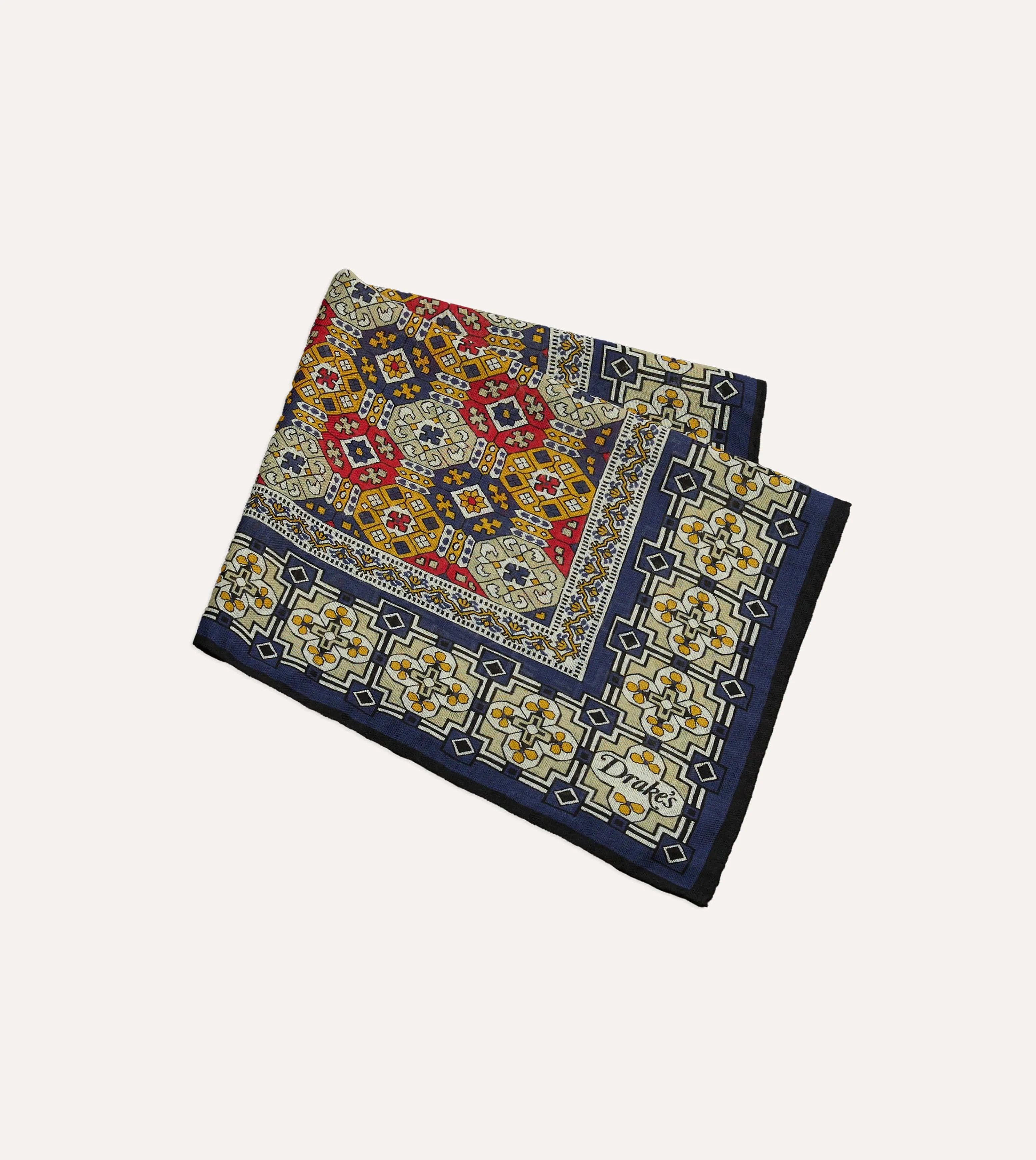 Navy Geometric Tapestry Print Wool-Silk Pocket Square sold by Drake's London product image thumbnail 3