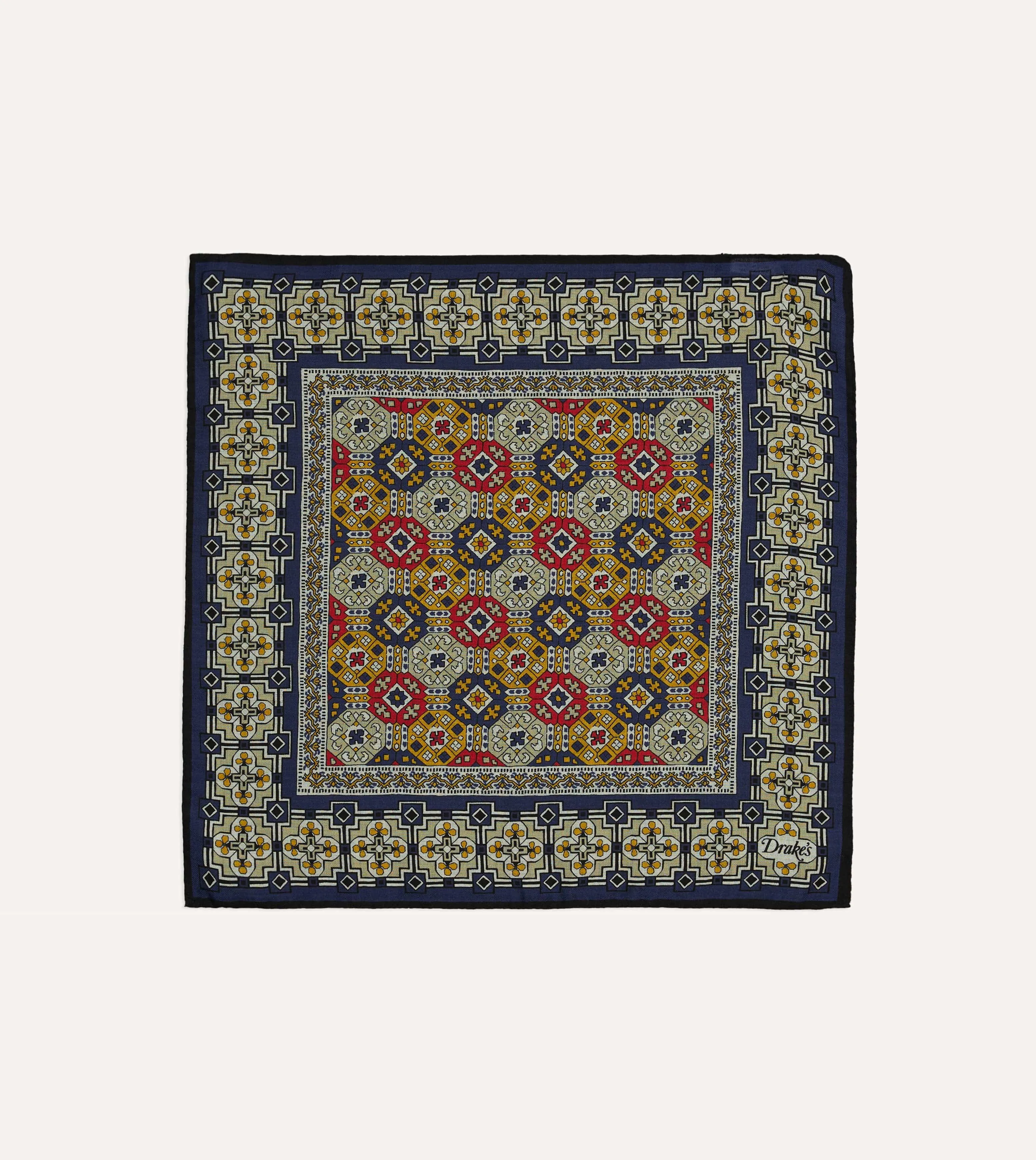 Navy Geometric Tapestry Print Wool-Silk Pocket Square sold by Drake's London