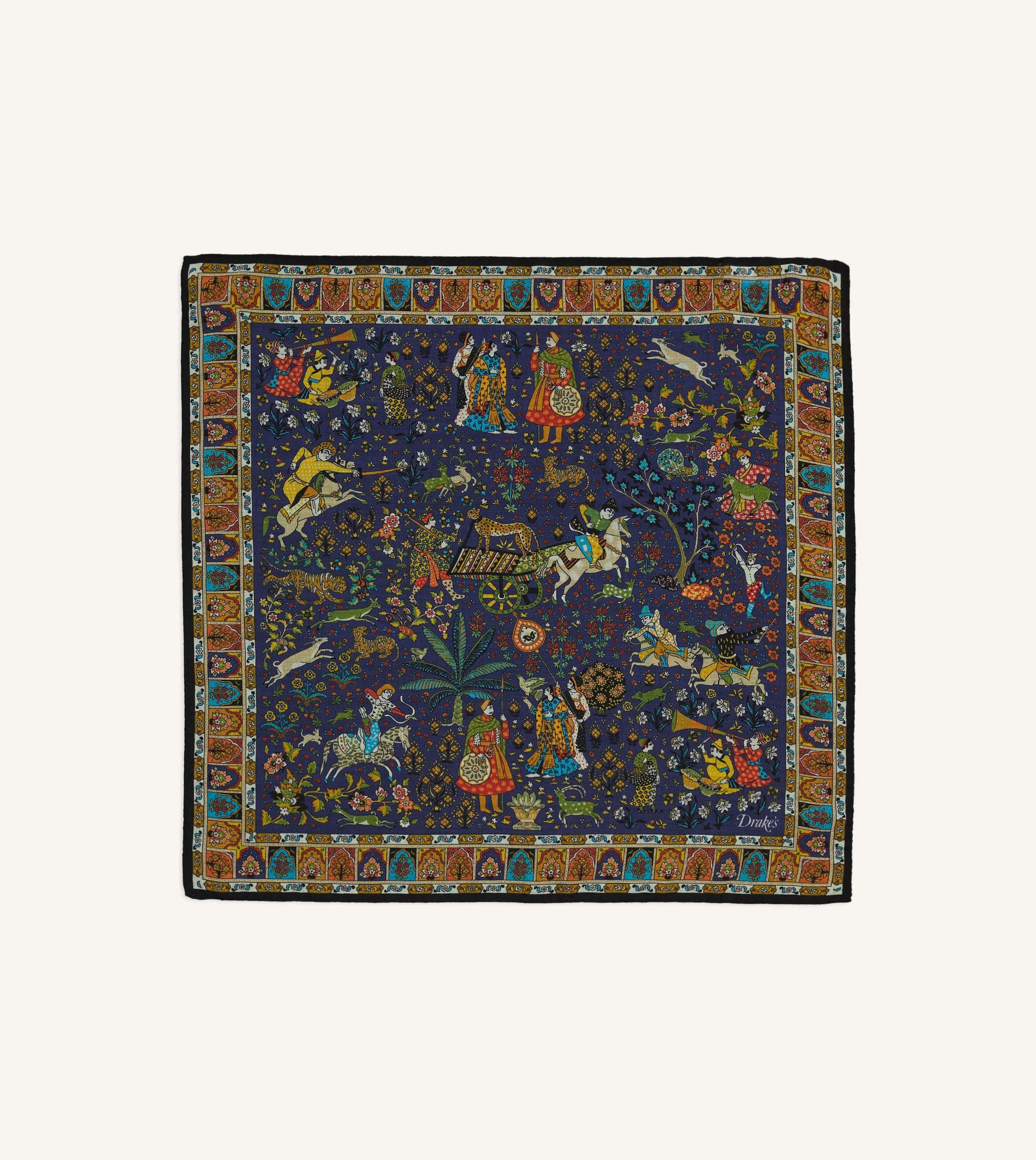 Navy Mughal Print Wool-Silk Pocket Square sold by Drake's London