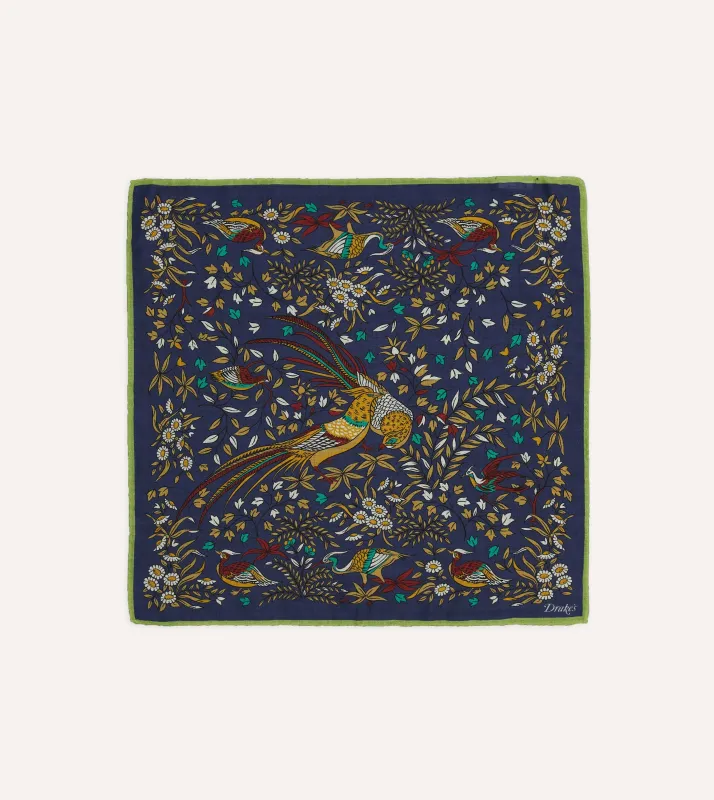 Navy Birds of Paradise Print Wool-Silk Pocket Square sold by Drake's London