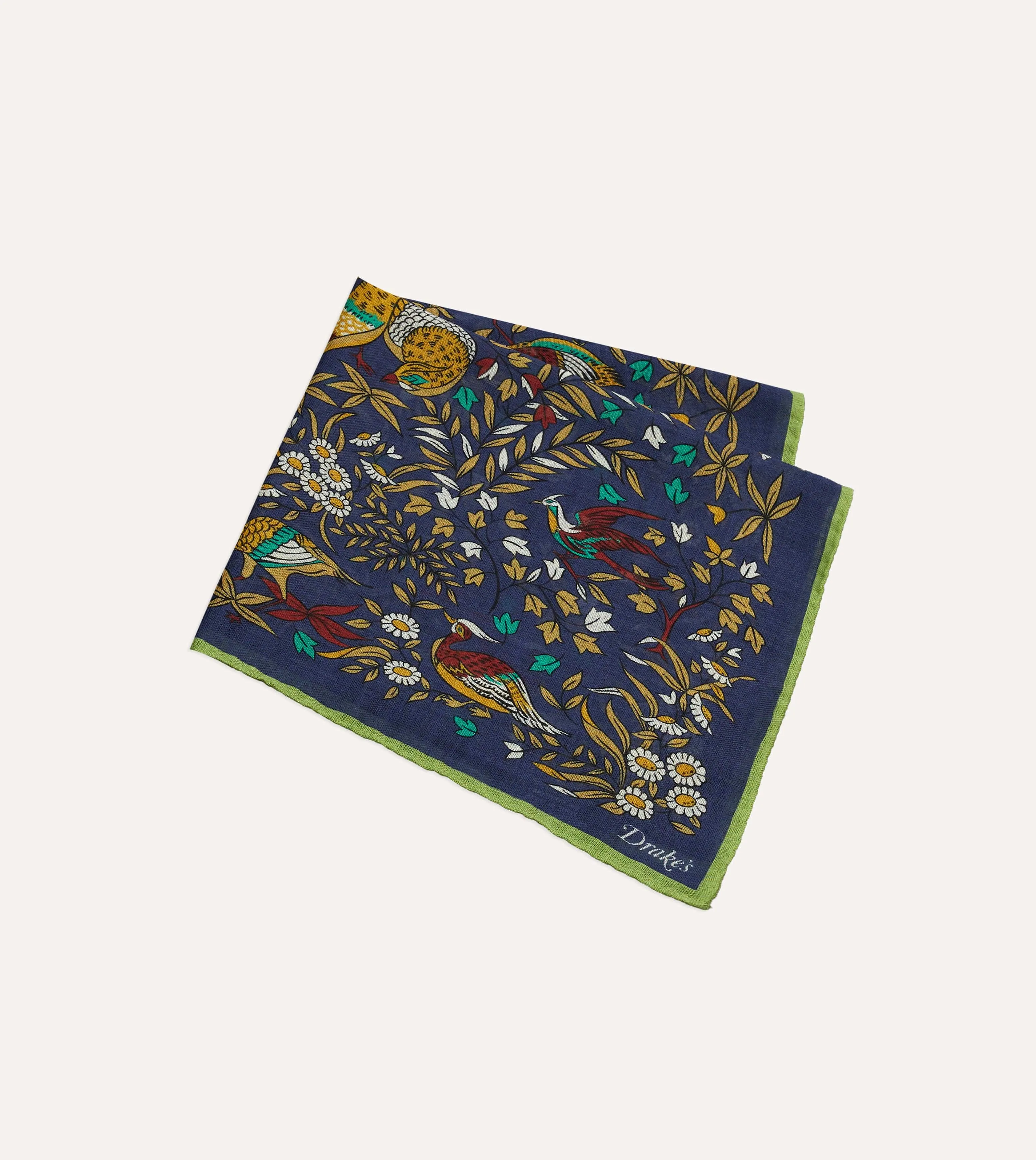Navy Birds of Paradise Print Wool-Silk Pocket Square sold by Drake's London product image thumbnail 3