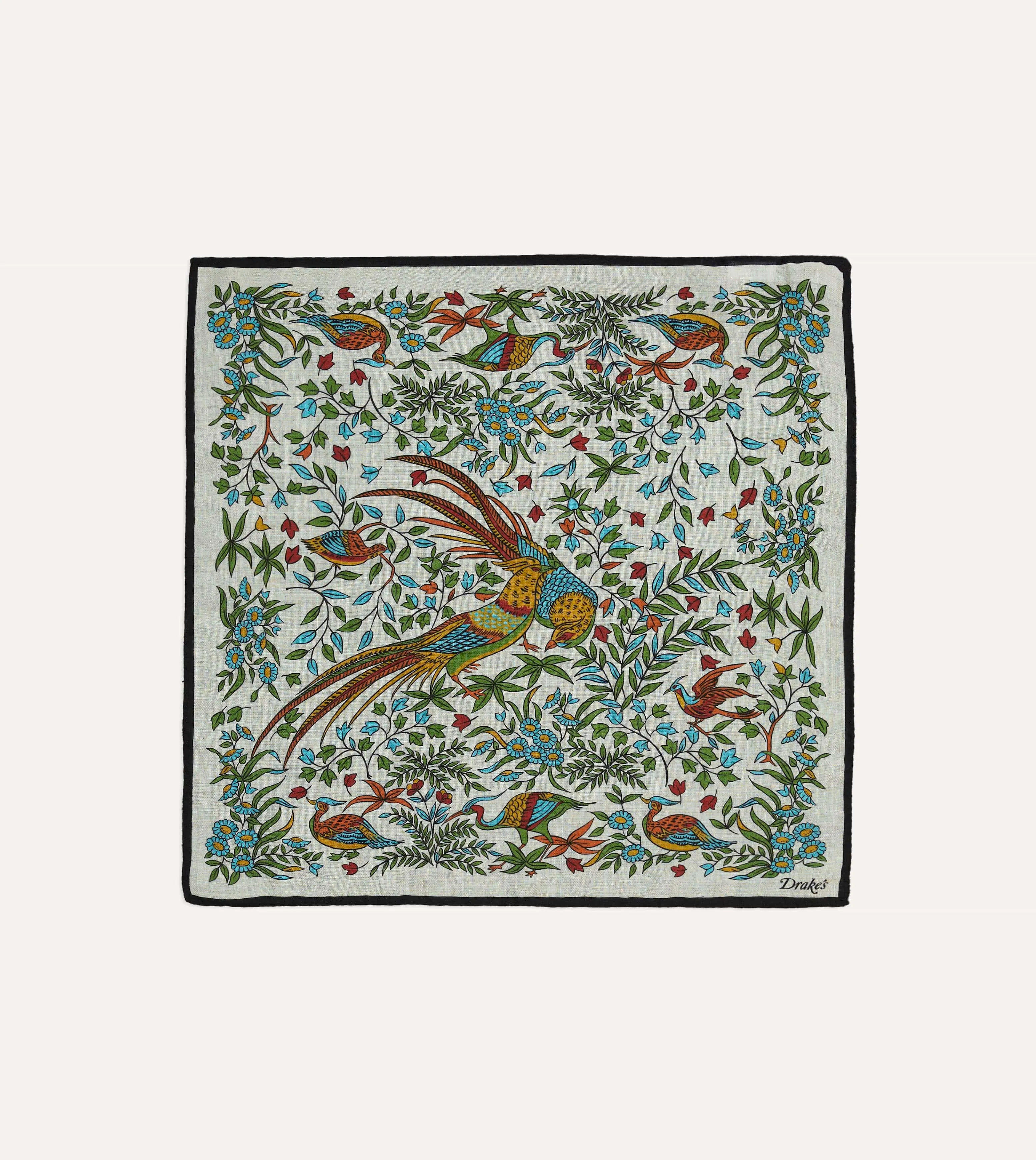 Ecru Birds of Paradise Print Wool-Silk Pocket Square sold by Drake's London