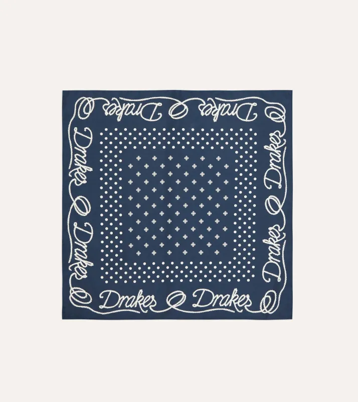 Navy Rope Border Print Silk Bandana sold by Drake's London