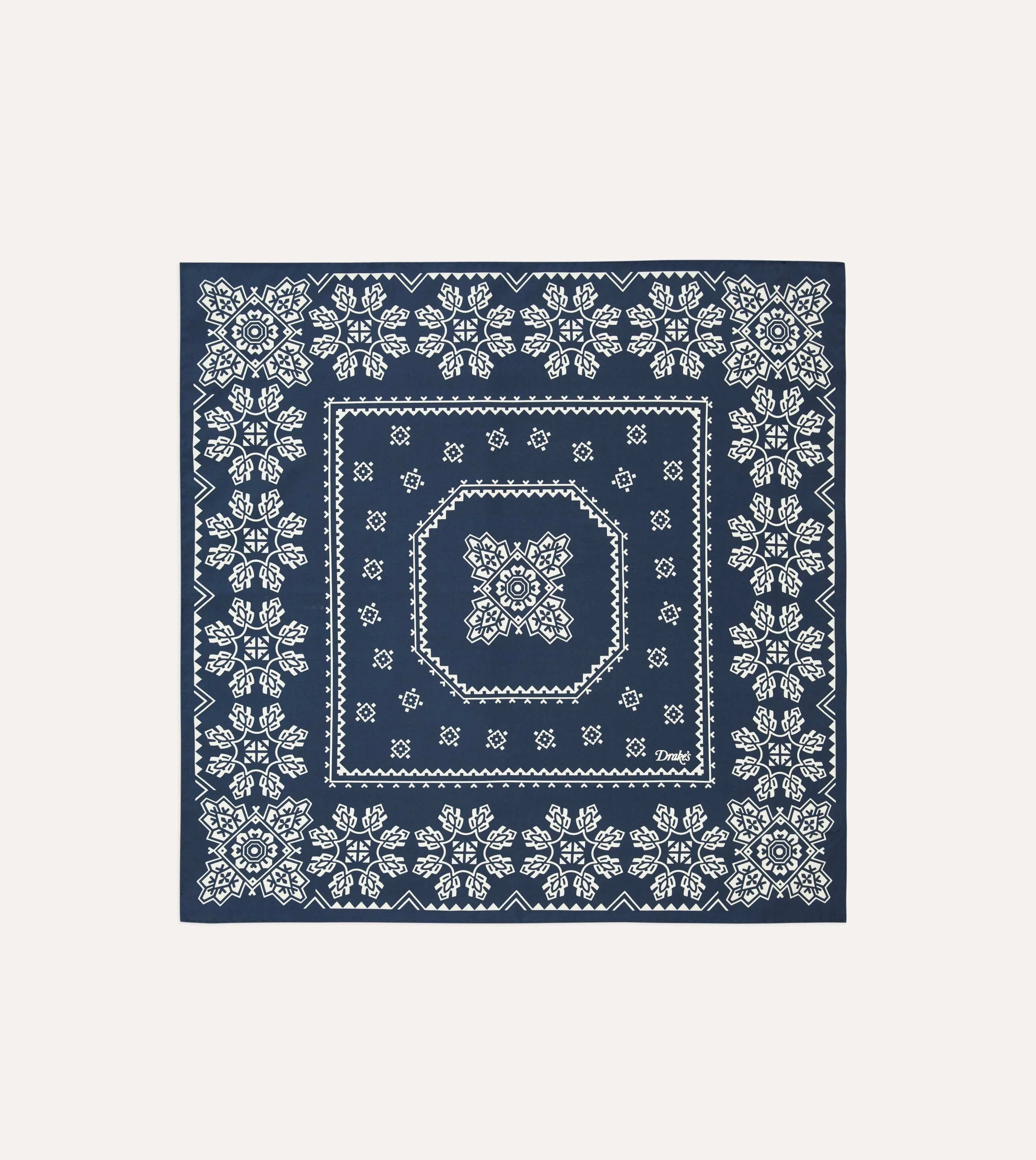 Navy Traditional Print Silk Bandana sold by Drake's London