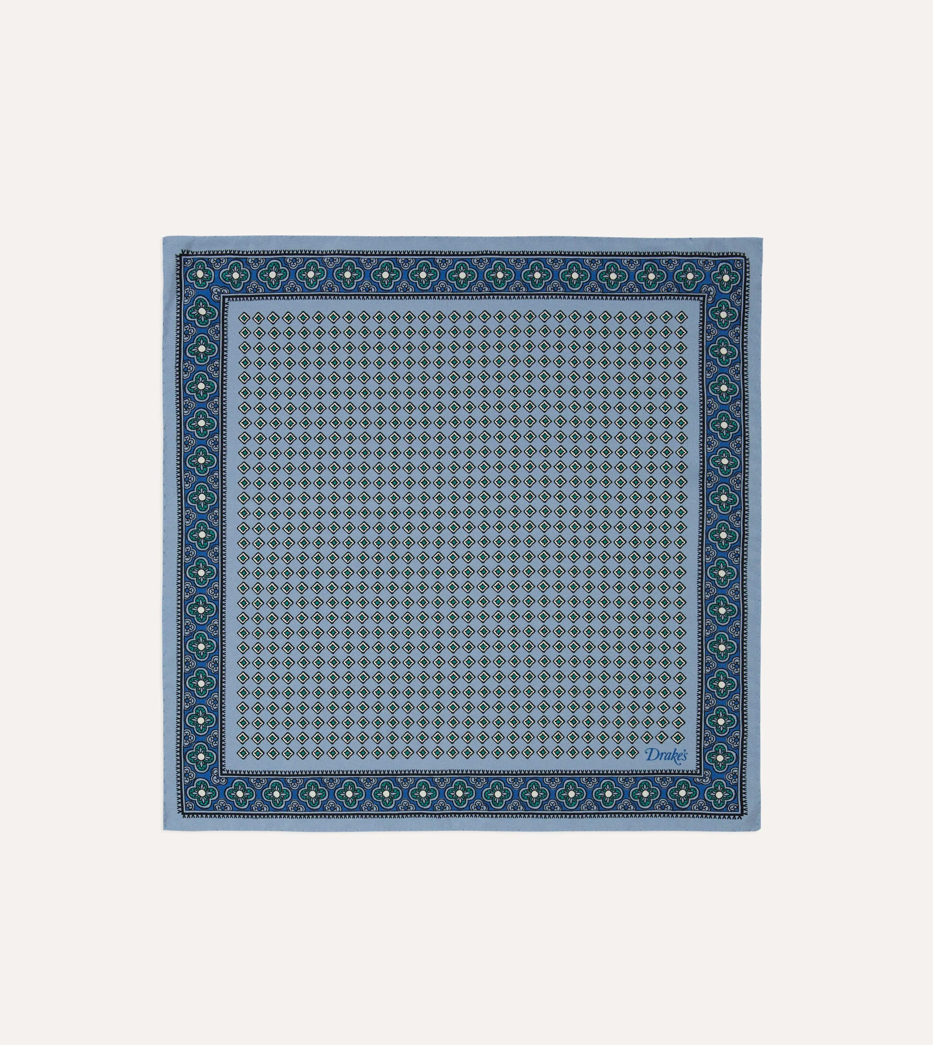 Blue Vintage Tile Print Silk Pocket Square sold by Drake's London