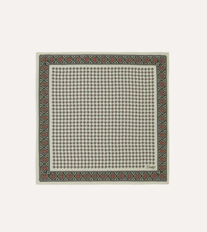 Ecru Vintage Tile Print Silk Pocket Square sold by Drake's London
