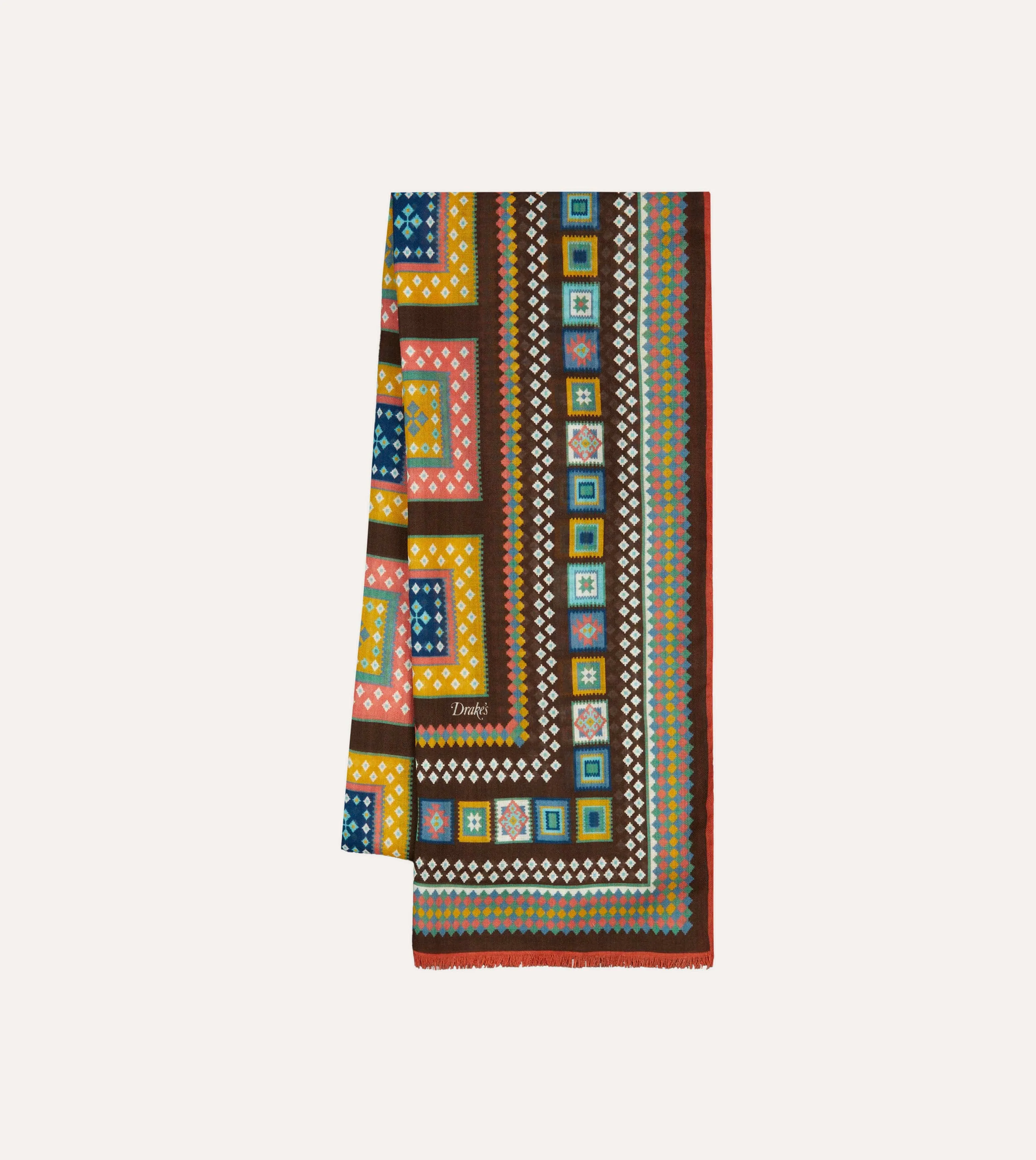 Brown Kelim Blocks Print Wool-Silk Scarf sold by Drake's London