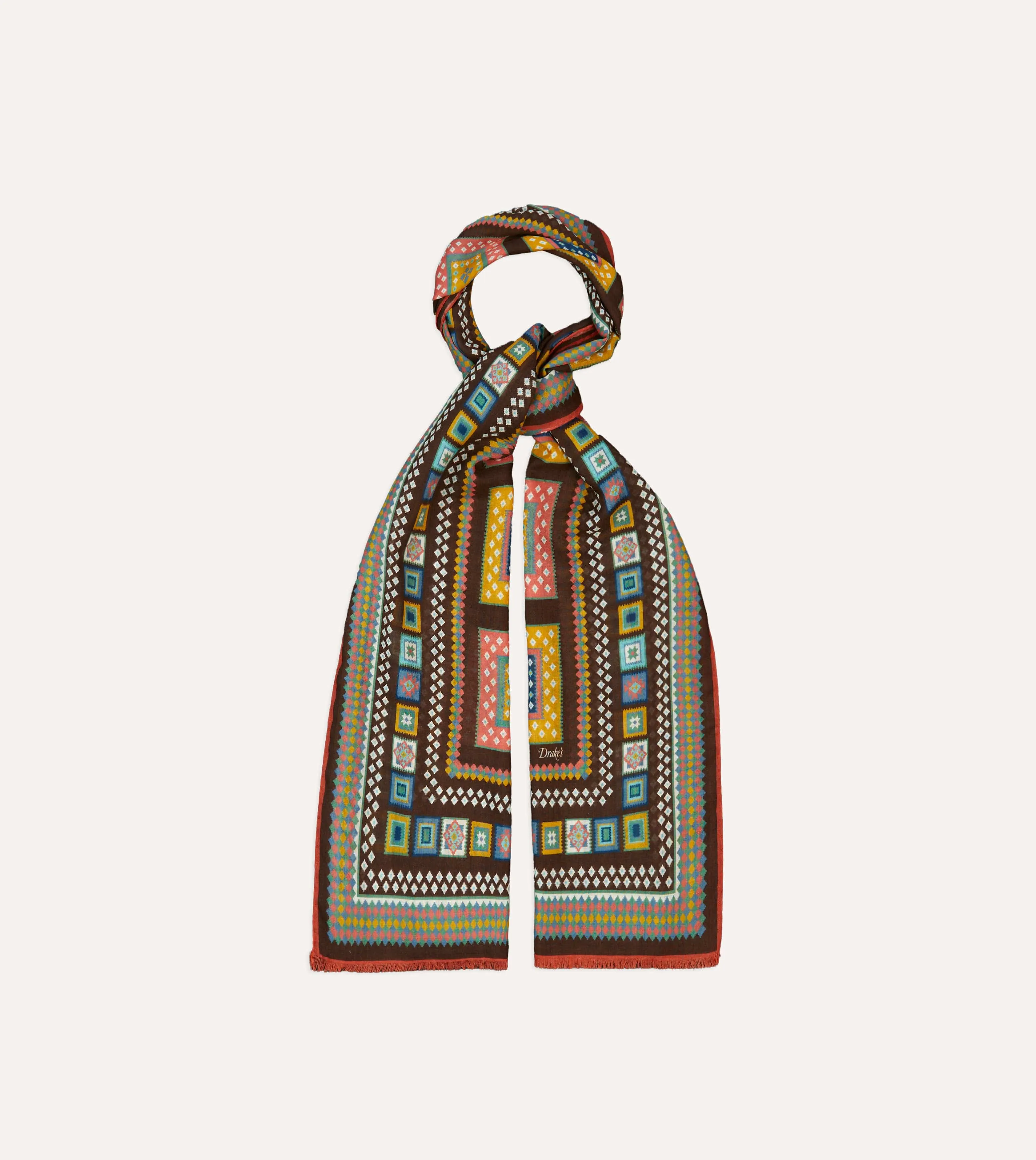 Brown Kelim Blocks Print Wool-Silk Scarf sold by Drake's London product image thumbnail 4