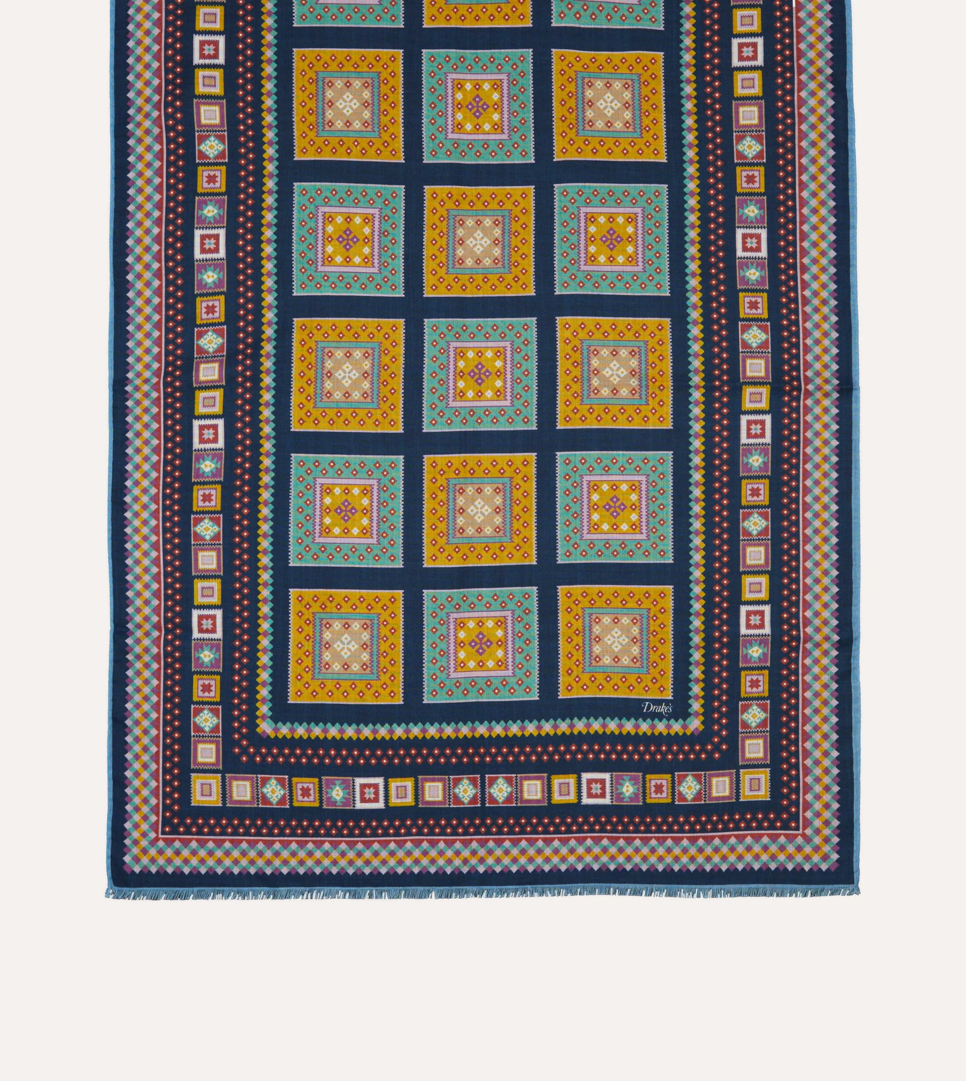 Navy Kelim Blocks Print Wool-Silk Scarf sold by Drake's London product image thumbnail 3