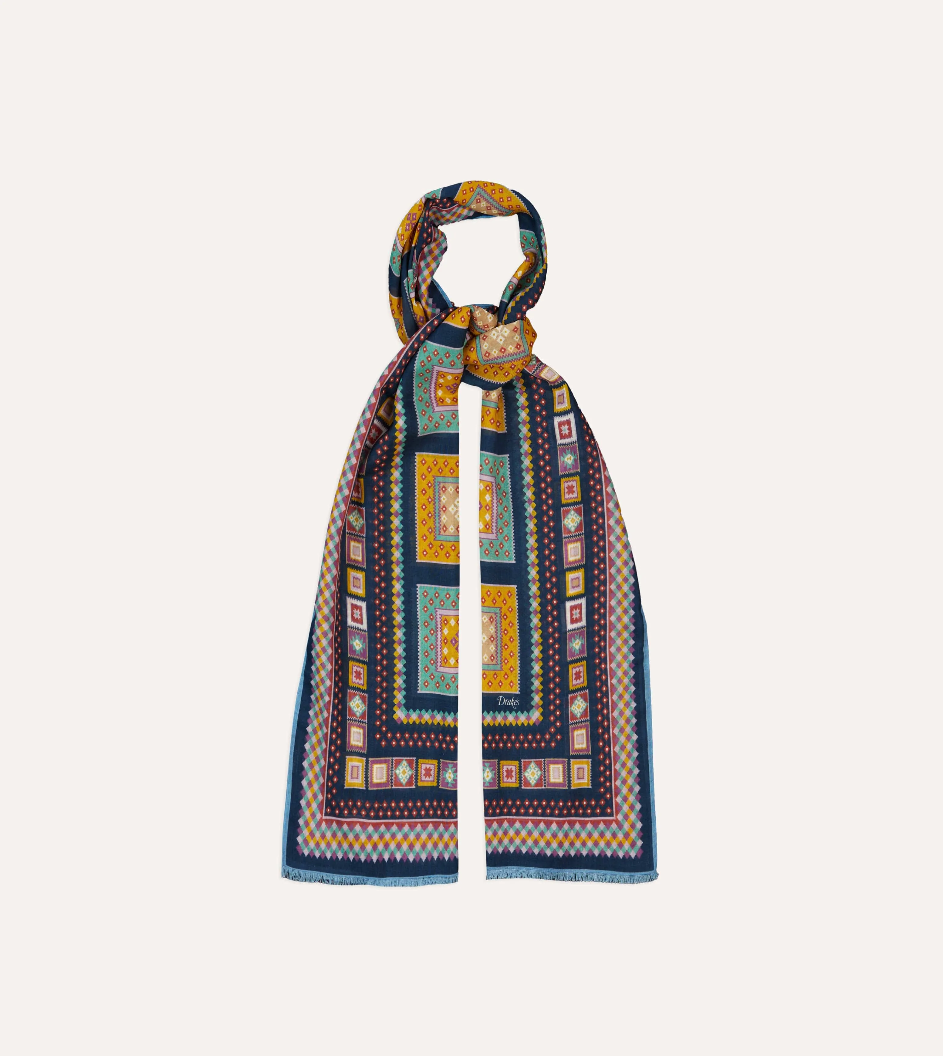 Navy Kelim Blocks Print Wool-Silk Scarf sold by Drake's London product image thumbnail 4
